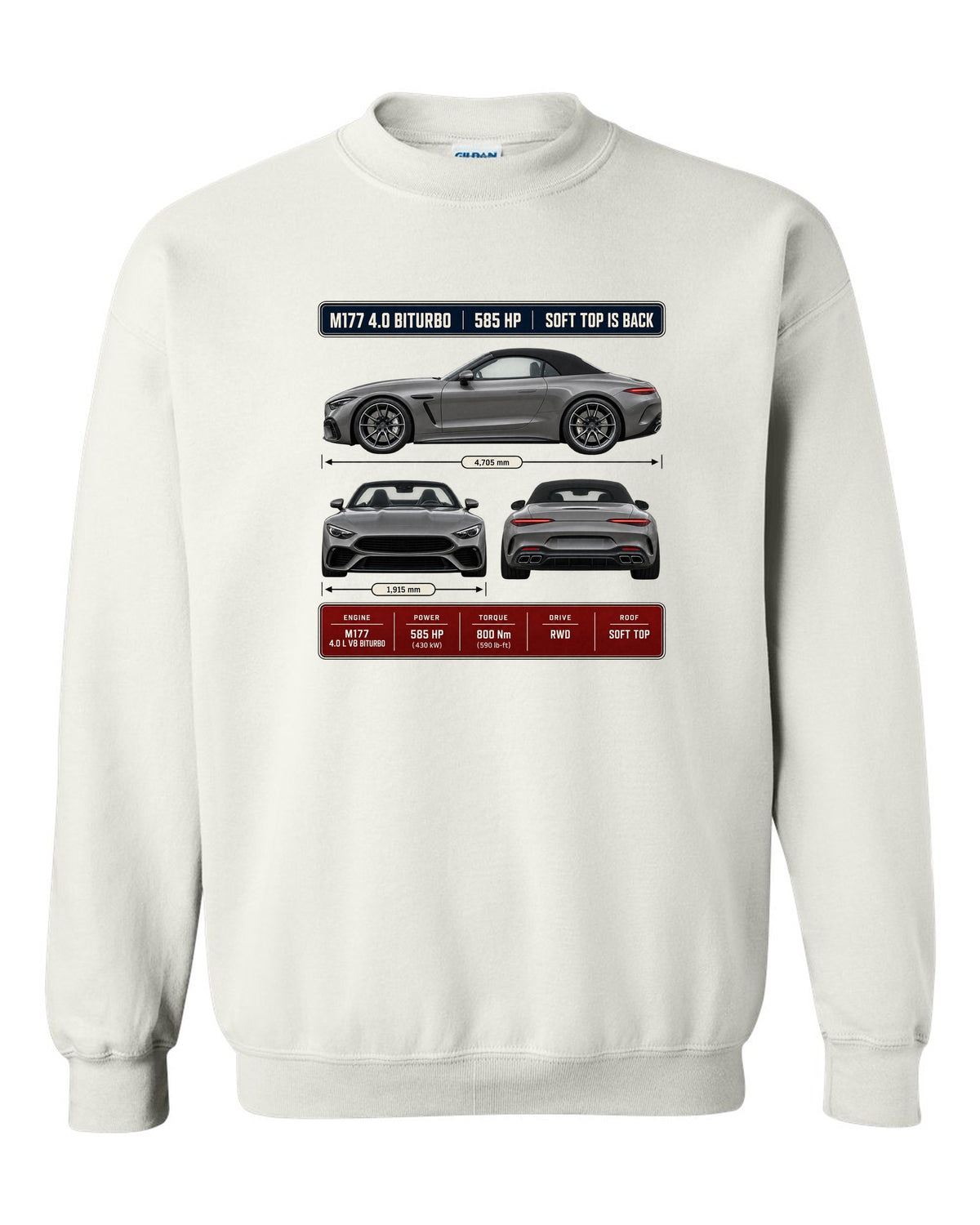 Mercedes-AMG SL63 R232 Three-View Spec white crewneck front view with the design