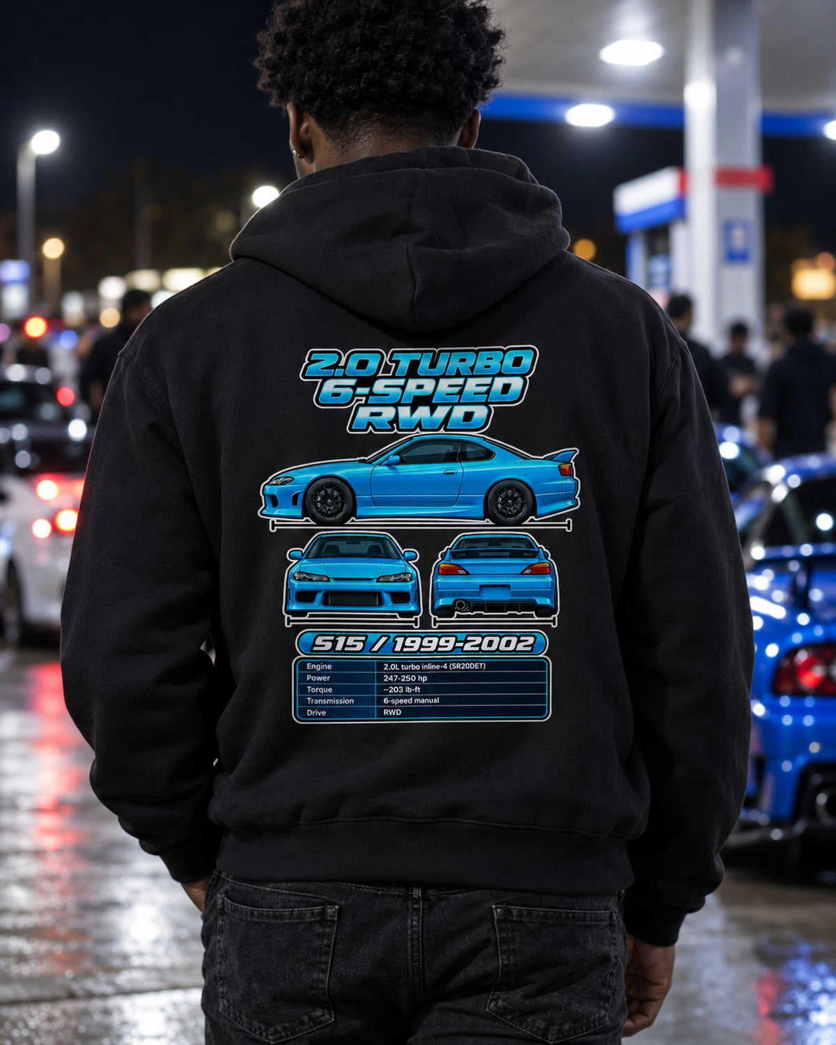 Nissan Silvia S15 Spec Sheet Full-Back Graphic Tee Zip Hoodie Black worn hero