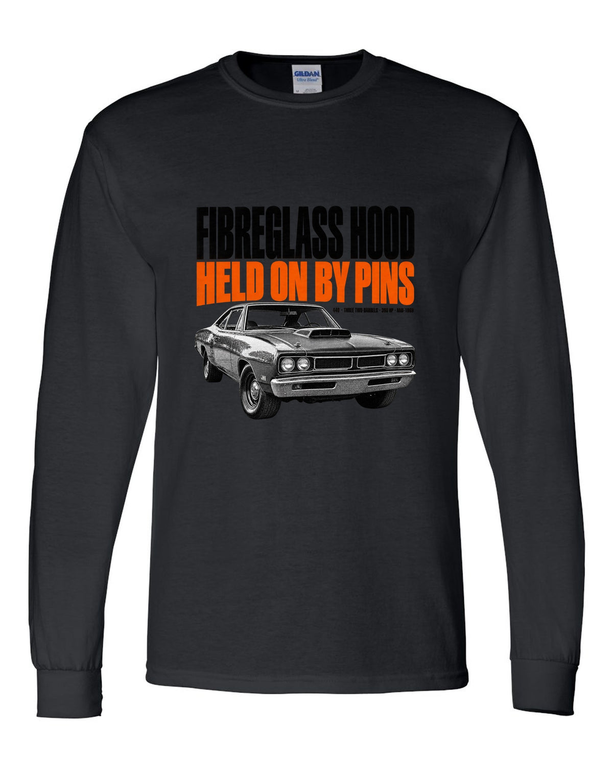 1969 Dodge Coronet Super Bee A12 hood halftone print with fibreglass hood and pins lettering black long sleeve front view with the design