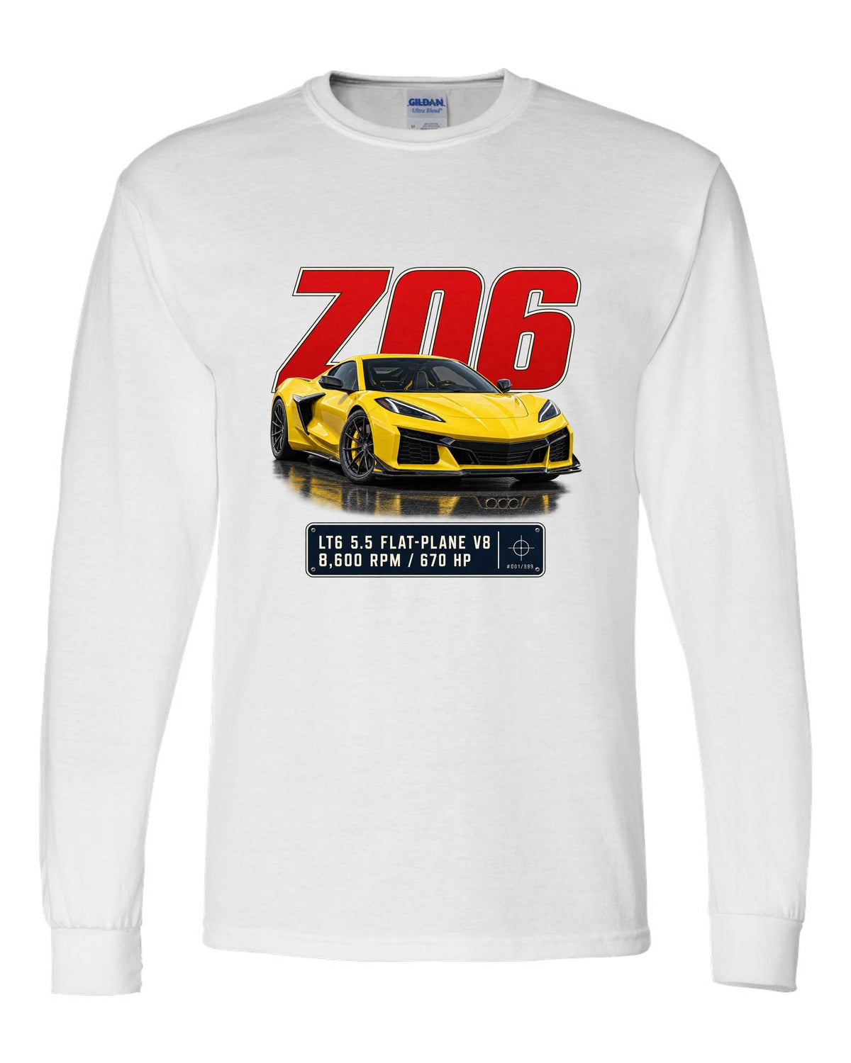 Editorial headline print of a yellow Chevrolet Corvette C8 Z06 white long sleeve front view with the design