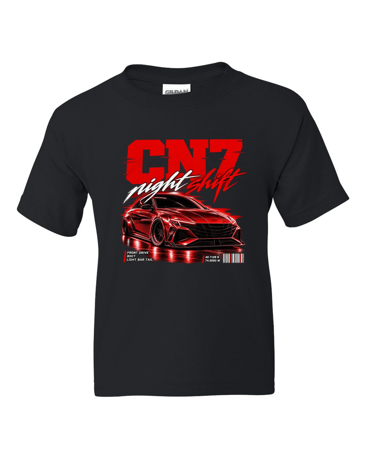 Hyundai Elantra N CN7 street poster print with night shift text and coordinates black kids tee front view with the design