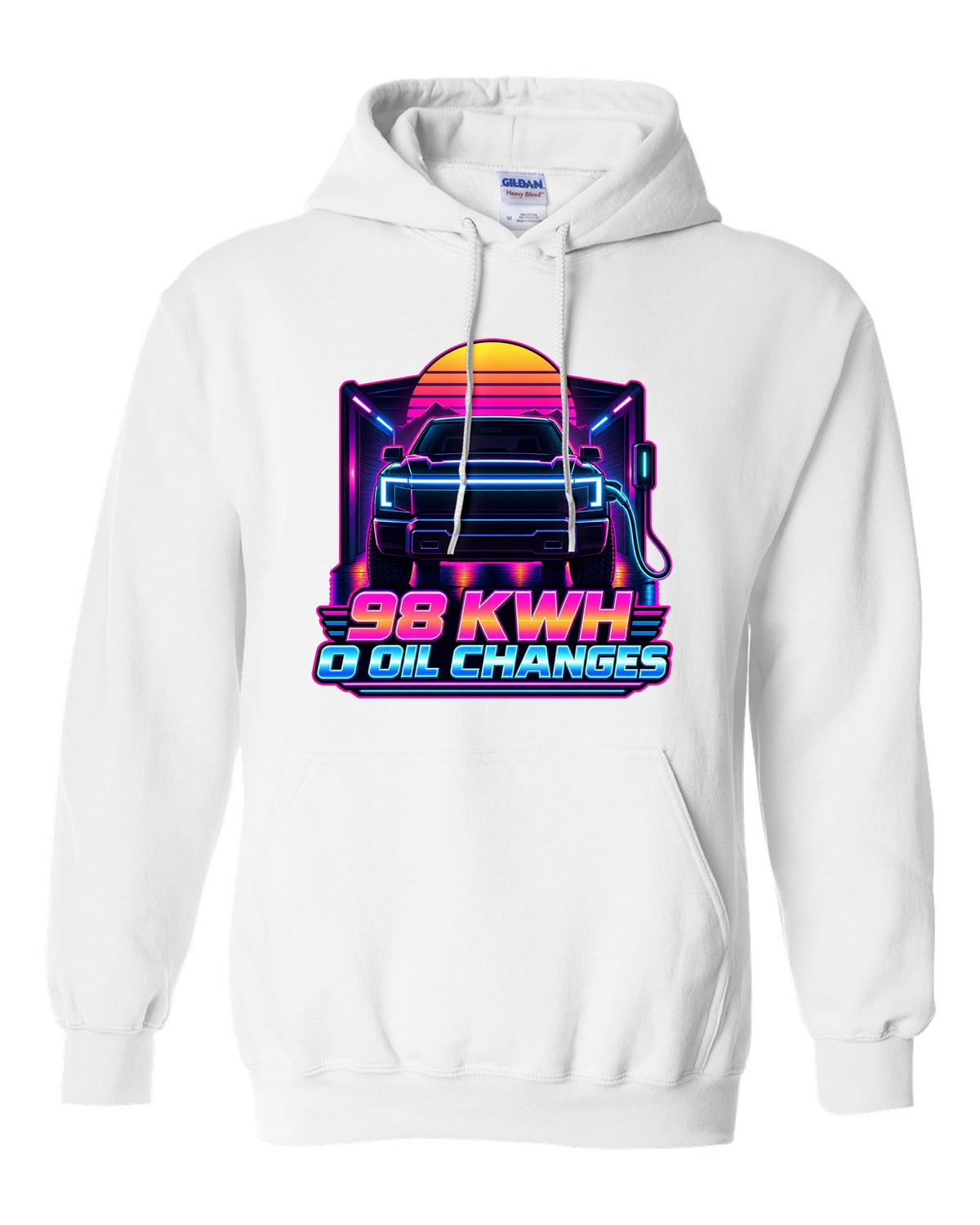 Ford F-150 Lightning EV with lightbar in a neon synthwave outline print white pull over hoodie front view with the design