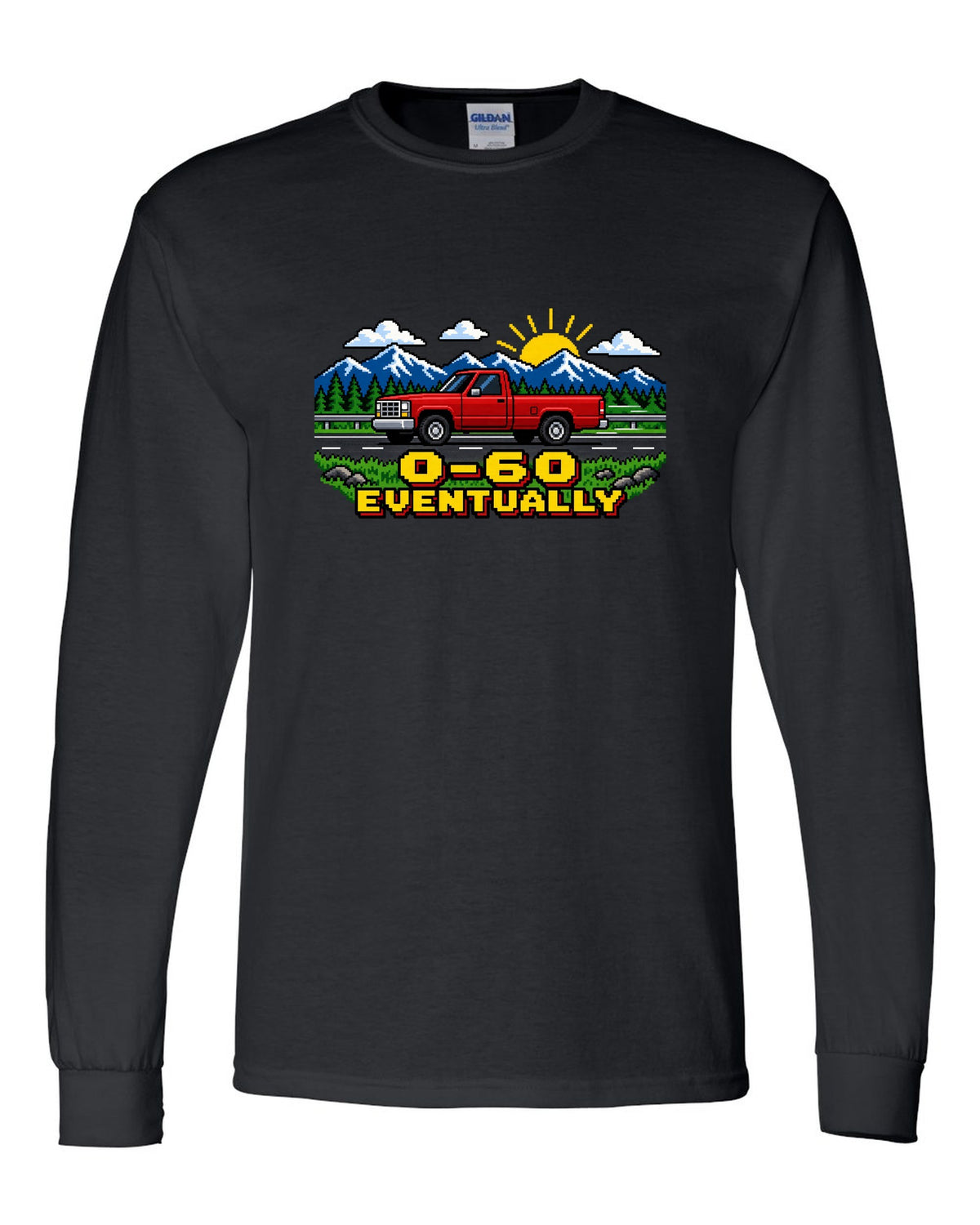 Pixel art print of a 1989-1993 Dodge Ram D250 Cummins with the text 0-60 eventually black long sleeve front view with the design