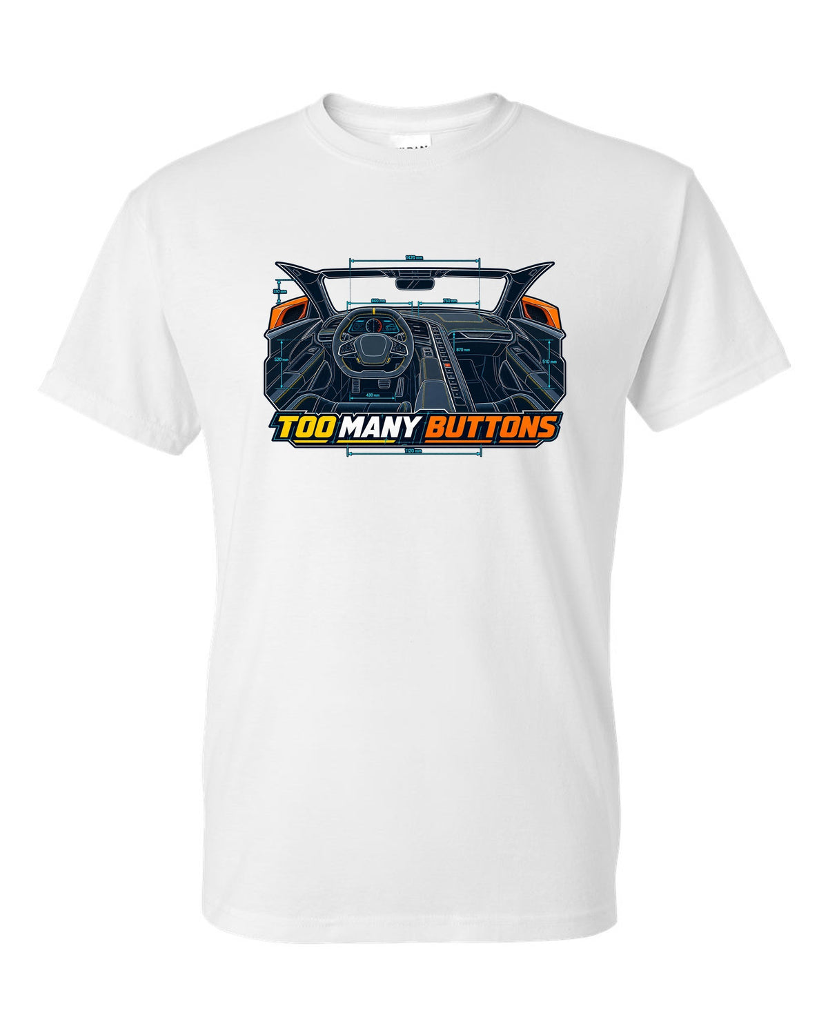 Blueprint line art print of a Chevrolet Corvette C8 Stingray cockpit with Too Many Buttons text white t-shirt front view with the design