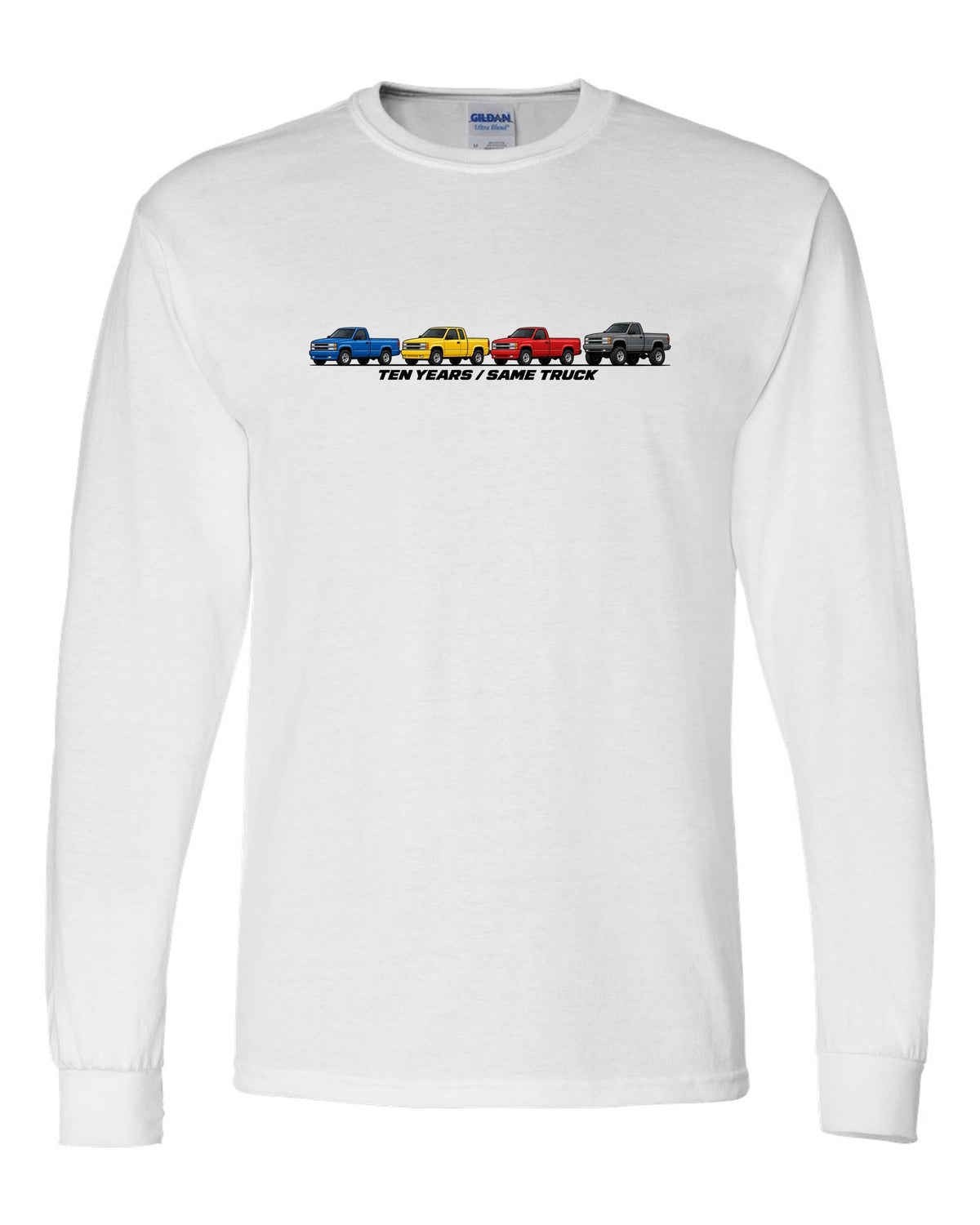 Generation lineup print of 1988-98 Chevrolet GMT400 C1500 K1500 OBS trucks with ten years same truck lettering white long sleeve front view with the design