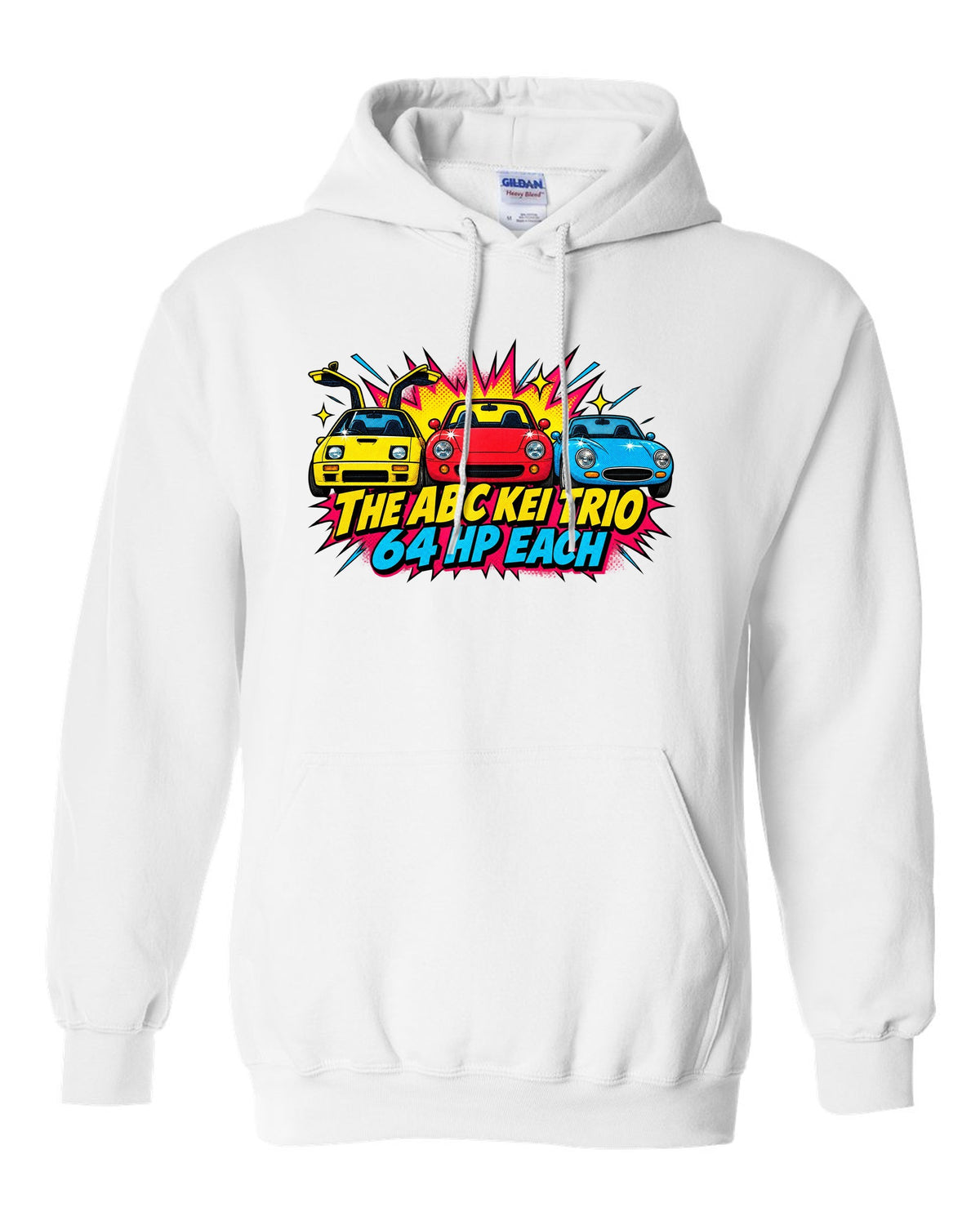 Comic halftone pop-art of the Autozam AZ-1, Honda Beat and Suzuki Cappuccino with 64 hp each white pull over hoodie front view with the design