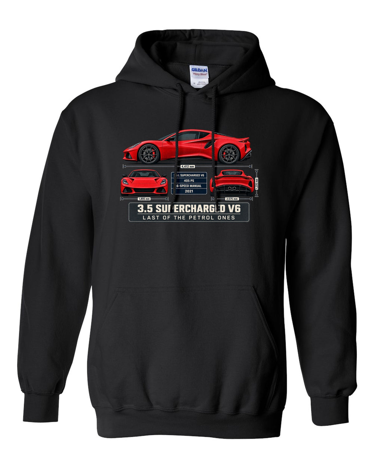 Lotus Emira V6 First Edition Spec Poster Tee, 3.5 Supercharg black pull over hoodie front view with the design