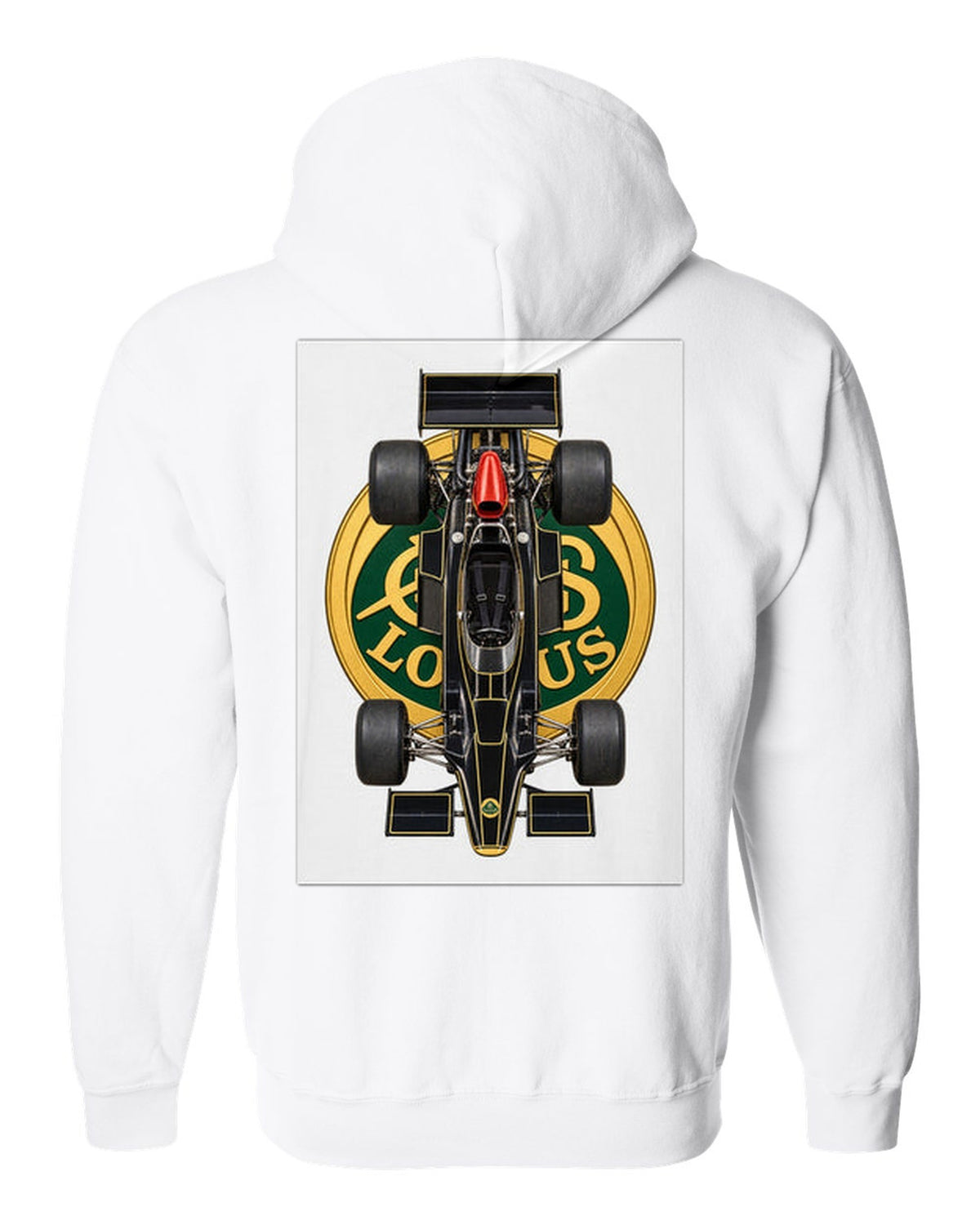 Lotus 72D 1972 Formula 1 overhead poster artwork white zip hoodie back view with the design