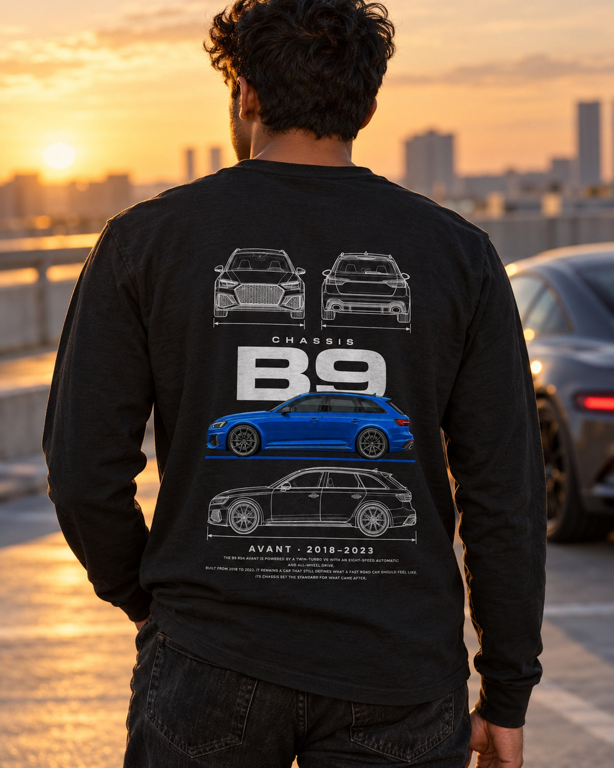 Audi B9 RS4 Avant wagon Blueprint Full-Back Graphic Tee, B9 Chassis Code Long Sleeve Black worn hero