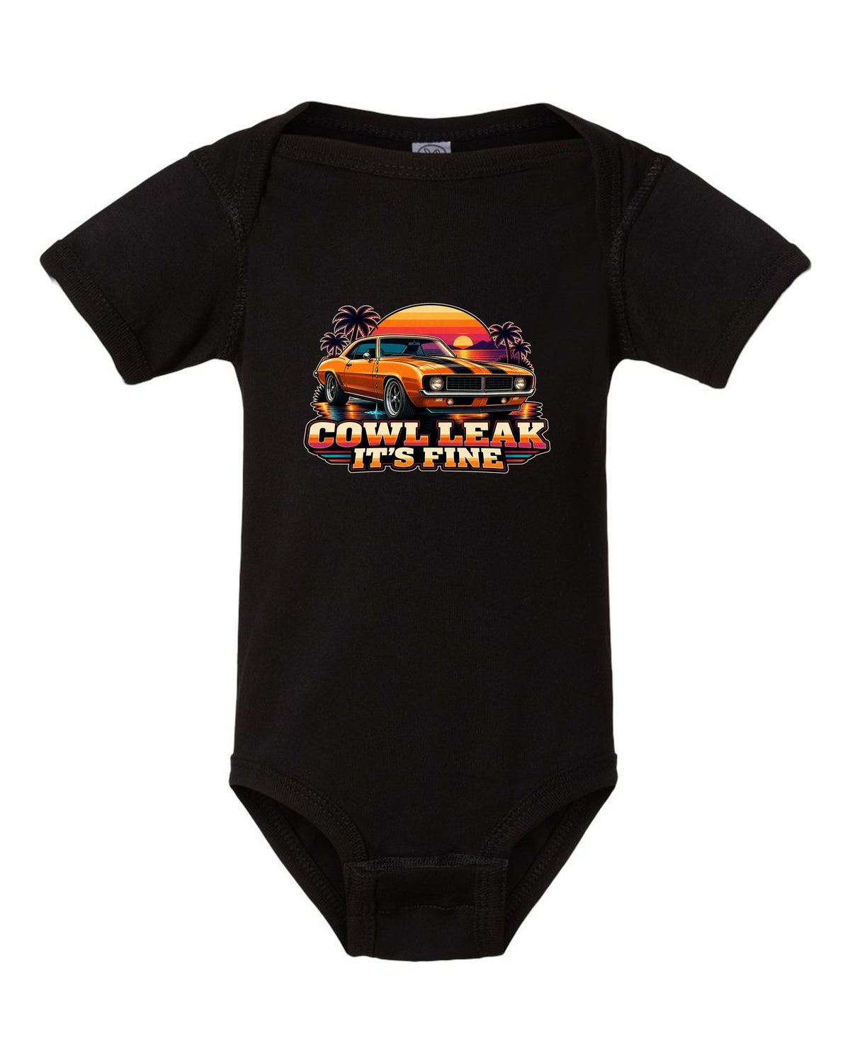 Retro banded sunset illustration of a 1969 Chevrolet Camaro coupe with cowl leak lettering black baby onesie front view with the design