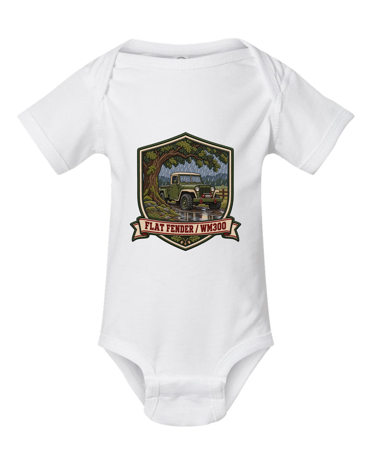Varsity-style embroidered crest print of a Dodge Power Wagon WM300 flat fender white baby onesie front view with the design