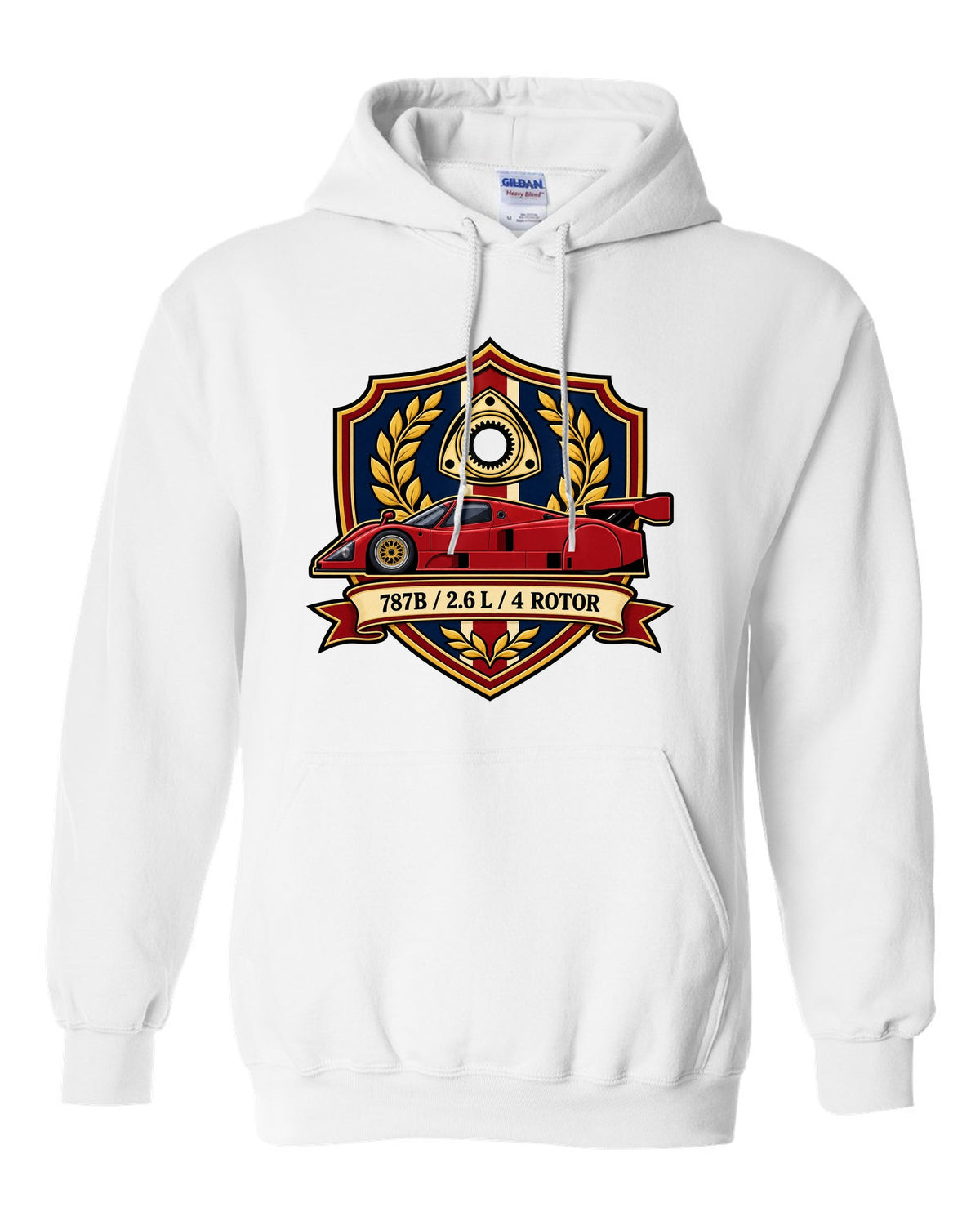 Comic halftone pop art design of the Mazda 787B with R26B SCREAMS / 9000 RPM lettering white pull over hoodie front view with the design