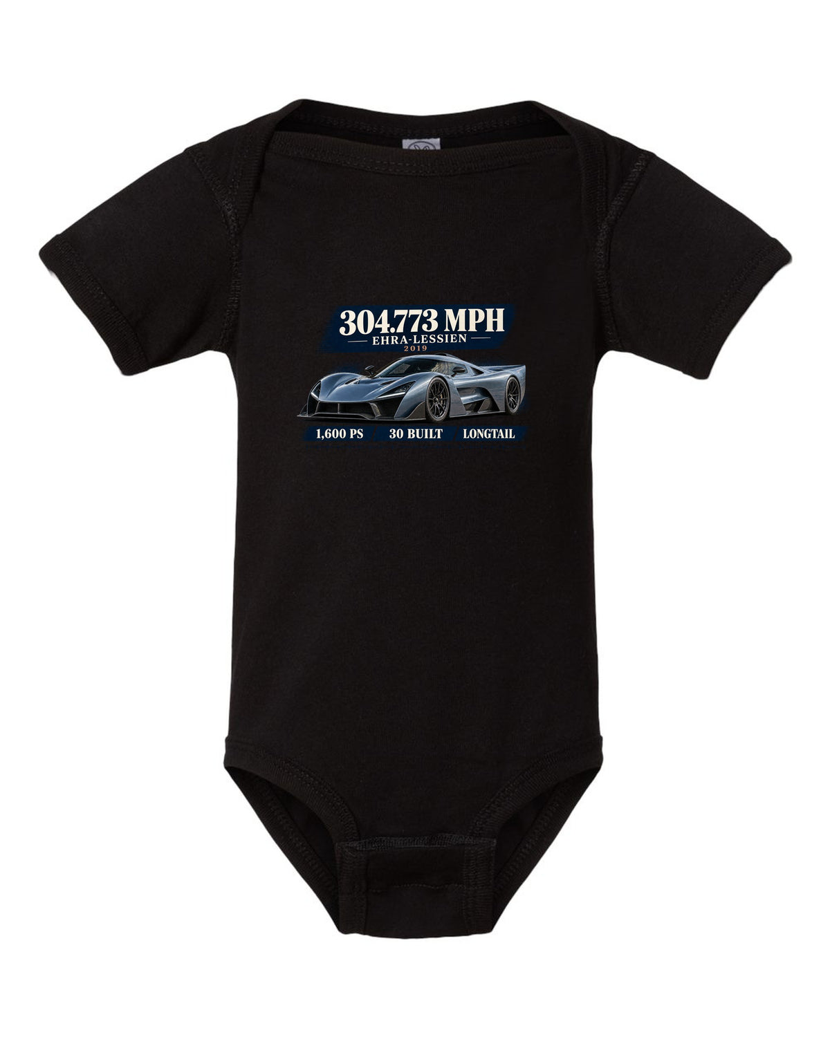 Bugatti Chiron Super Sport 300+ archive panel print with 304.773 mph record black baby onesie front view with the design