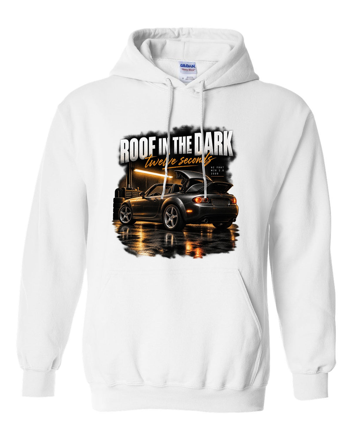 Garage night print of a Mazda MX-5 NC PRHT with the roof folding white pull over hoodie front view with the design