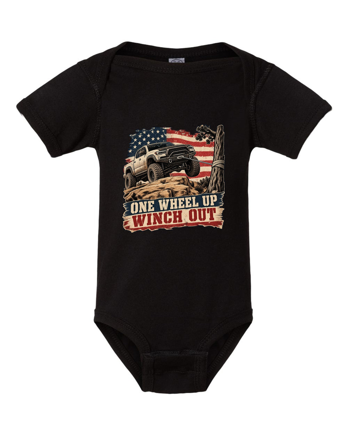 Distressed screen-print print of a Ram 2500 Power Wagon with one wheel lifted on a ledge black baby onesie front view with the design