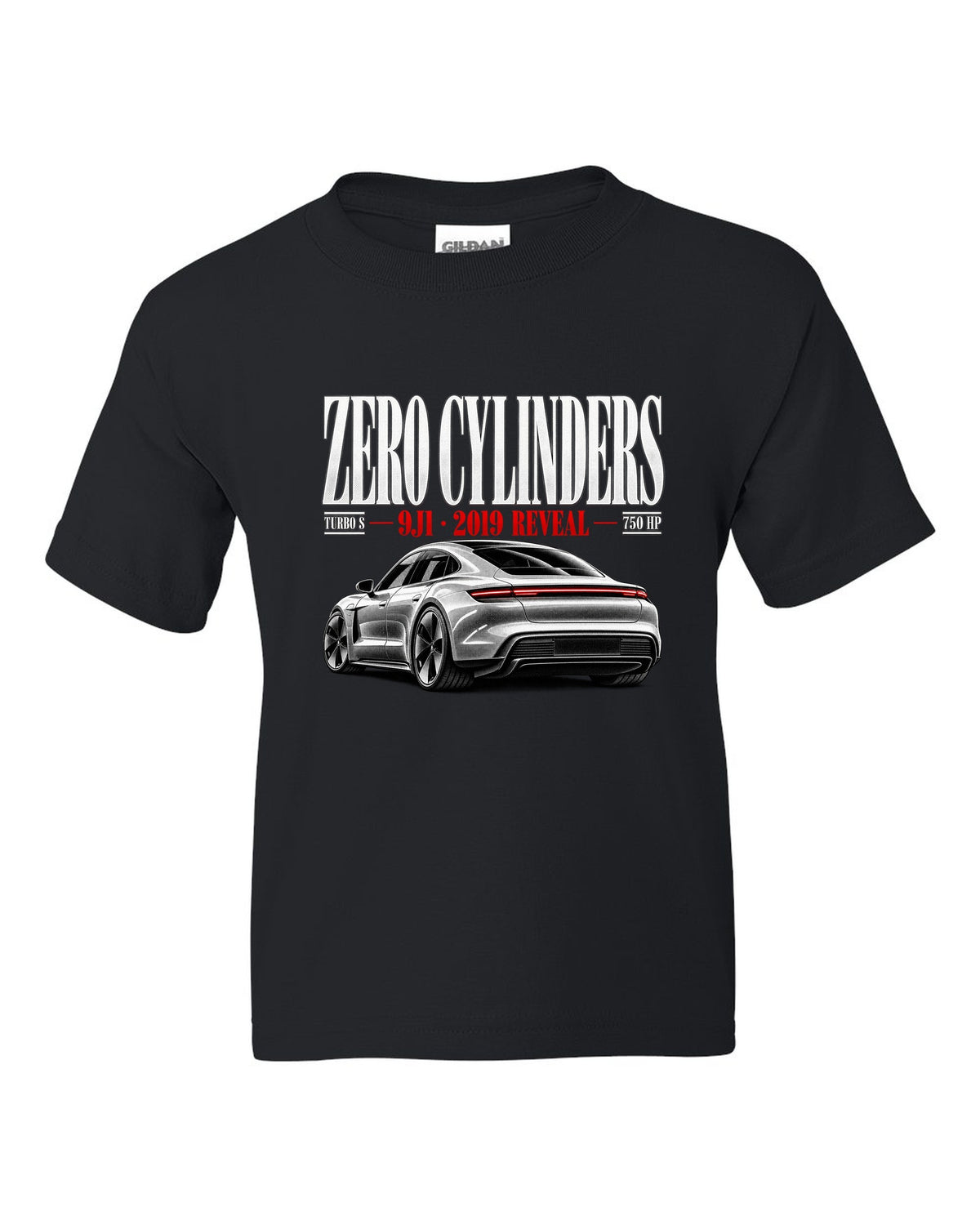 Porsche Taycan Turbo S 9J1 editorial headline with zero cylinders, 2019 reveal, 750 HP black kids tee front view with the design