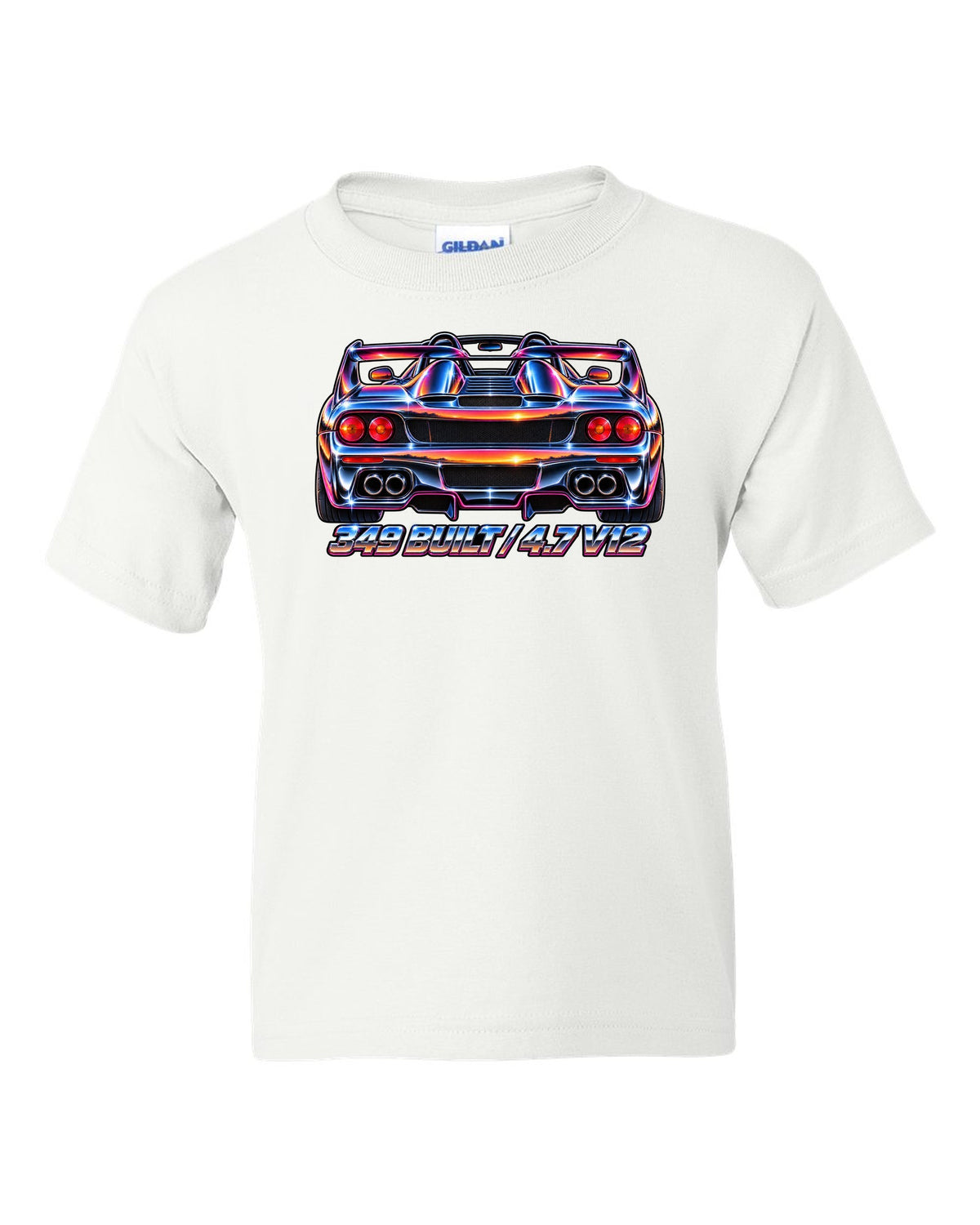 1980s airbrush chrome rear view print of a 1995 Ferrari F50 F130 with 349 built and 4.7 V12 text white kids tee front view with the design
