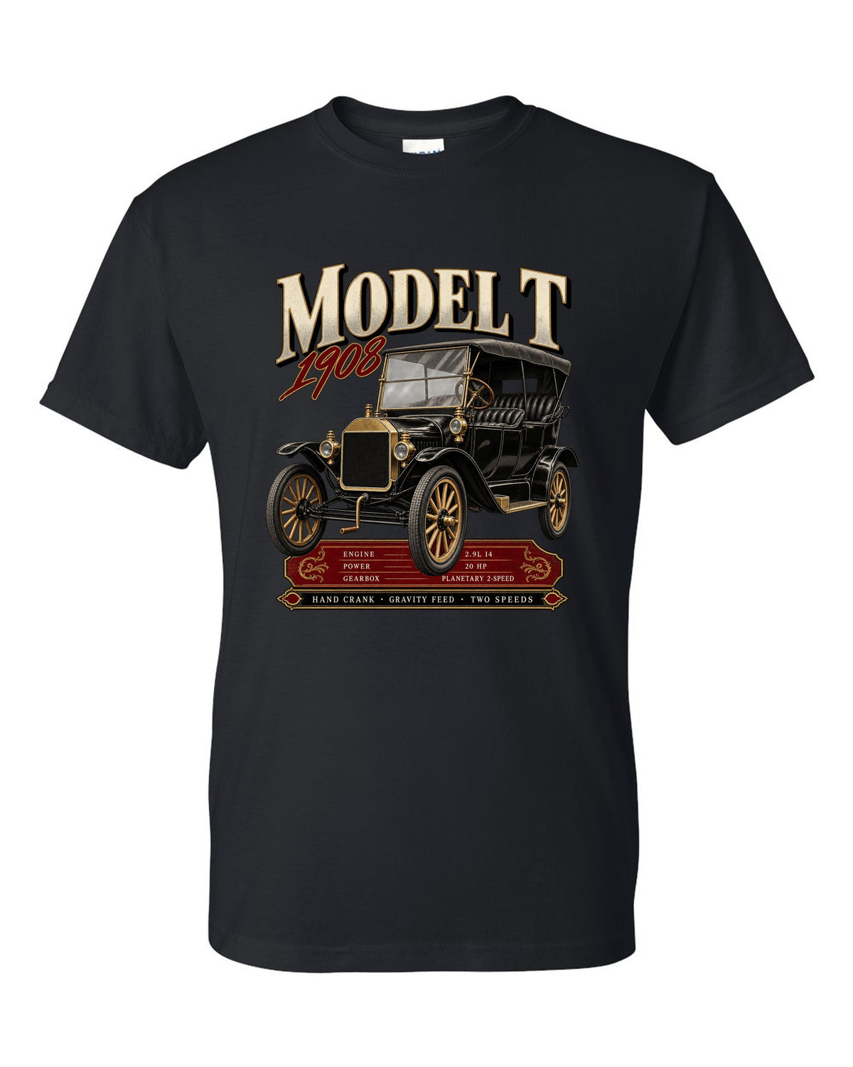 Archive panel print of a Ford Model T touring car with engine specs black t-shirt front view with the design