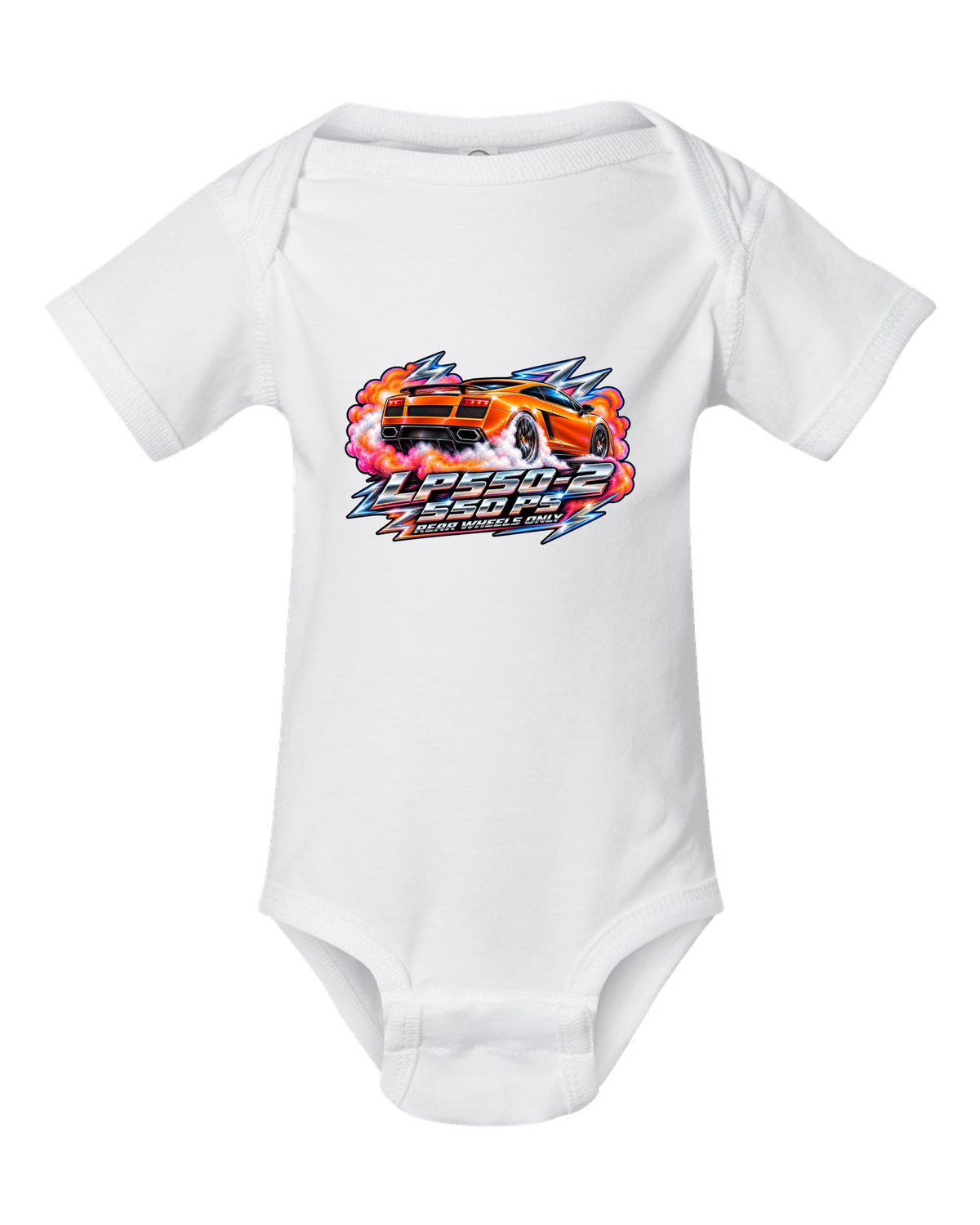 80s airbrush chrome design of a Lamborghini Gallardo LP550-2 with rear wheels only text white baby onesie front view with the design