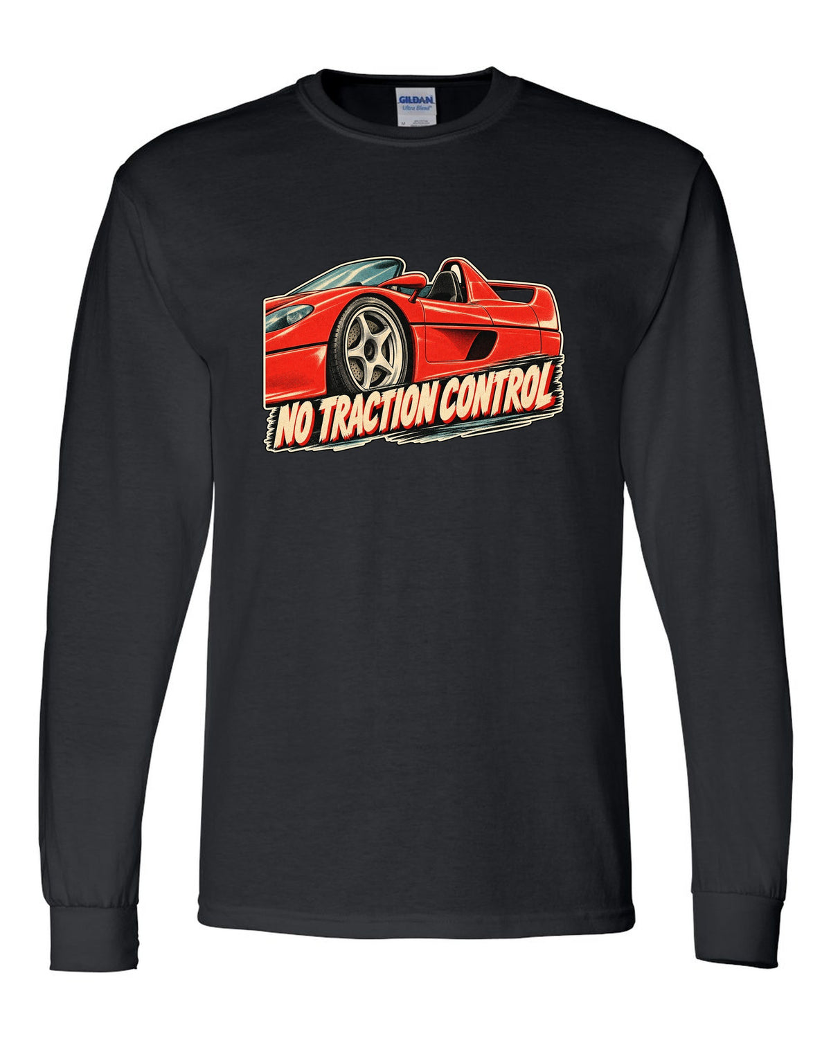 Retro Japanese showa advert style print of a 1995 Ferrari F50 F130 with no traction control text black long sleeve front view with the design
