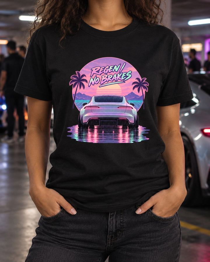 Tesla Model S Plaid Vaporwave Taillights Shirt, Regen Tee T-Shirt Black worn hero