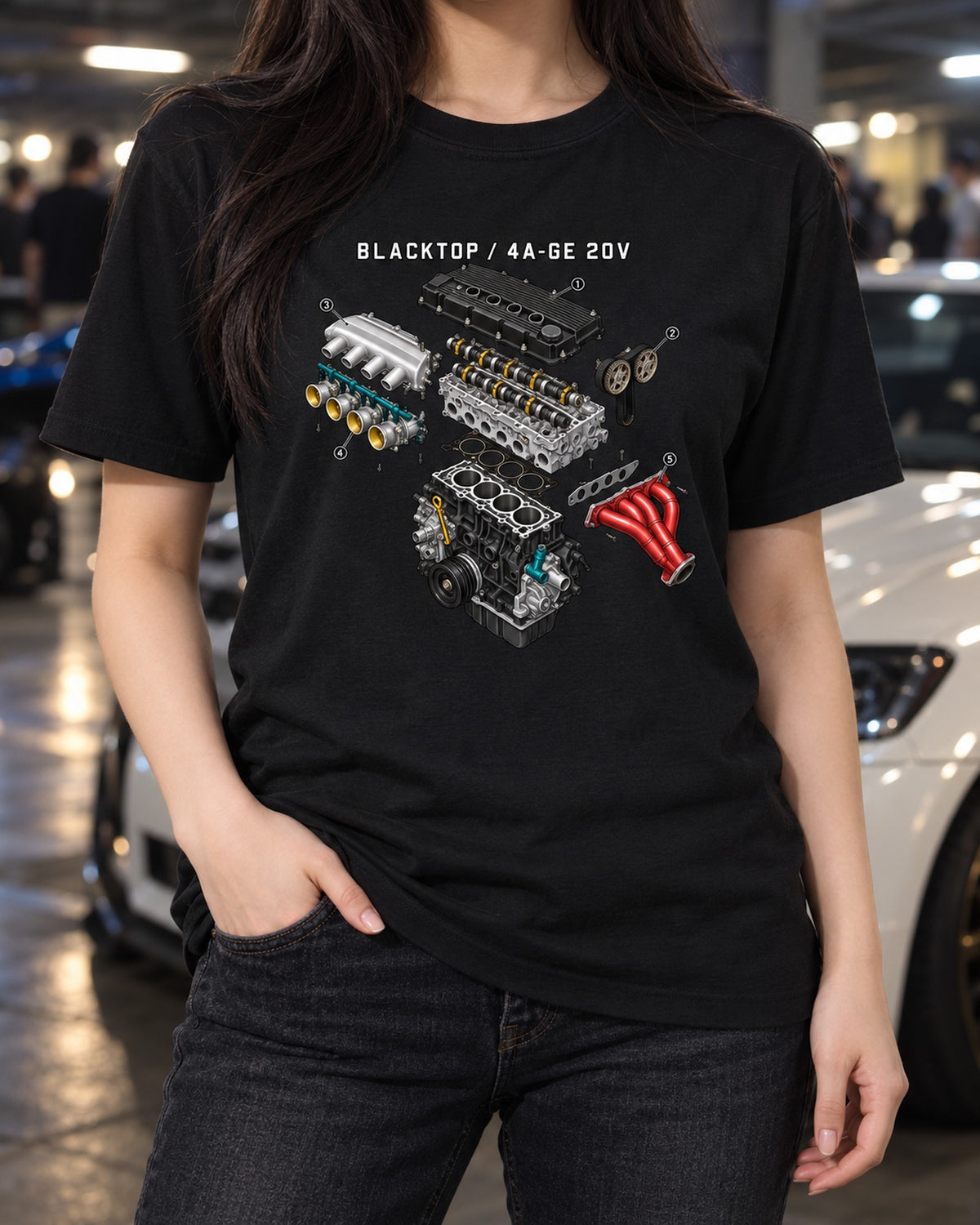 Toyota Corolla AE111 Blacktop 4A-GE 20V Exploded Diagram Shirt T-Shirt Black worn hero