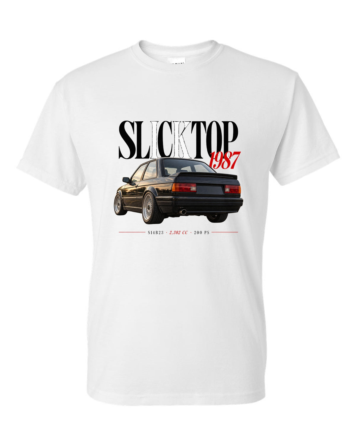 BMW E30 M3 Slicktop 1987 editorial headline print with S14B23 spec text white t-shirt front view with the design