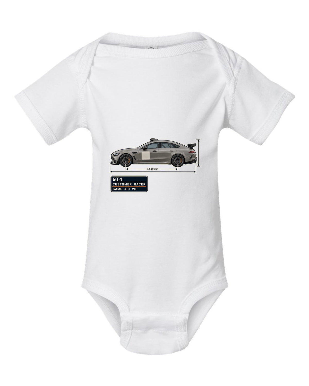 Mercedes-AMG GT4 unliveried spec poster print white baby onesie front view with the design