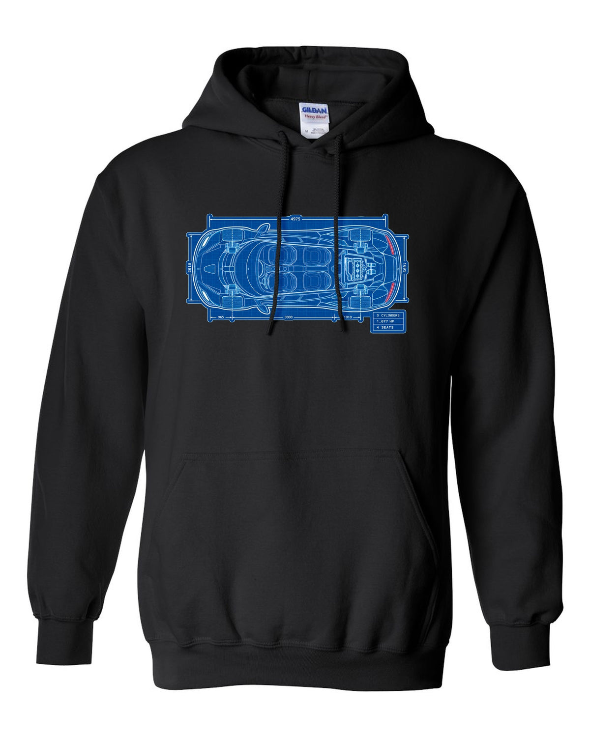 Technical blueprint print of the Koenigsegg Gemera seen from above with 3 cylinders and 4 seats lettering black pull over hoodie front view with the design