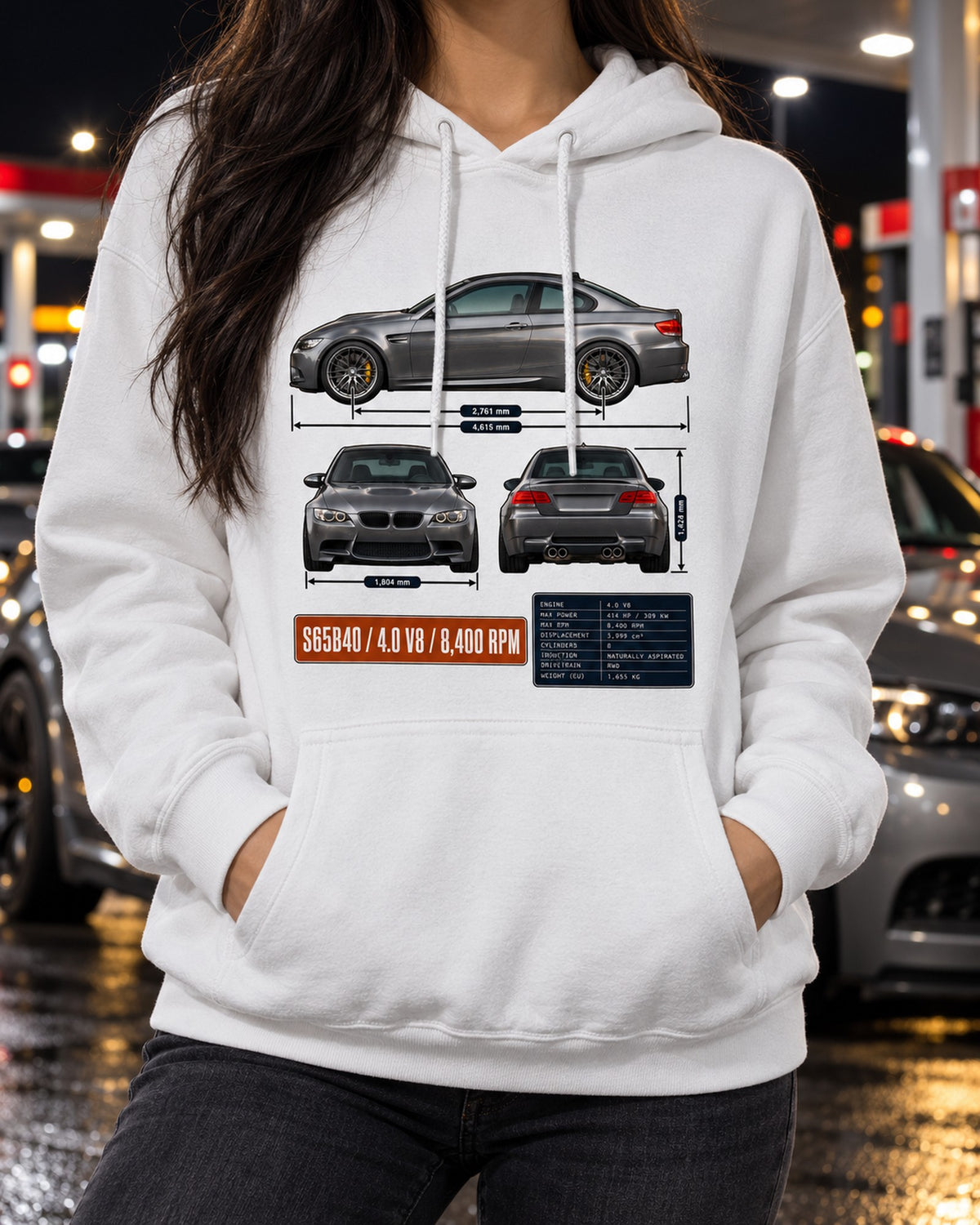 BMW M3 E92 V8 Three-View Spec Table Tee Pull Over Hoodie White worn hero