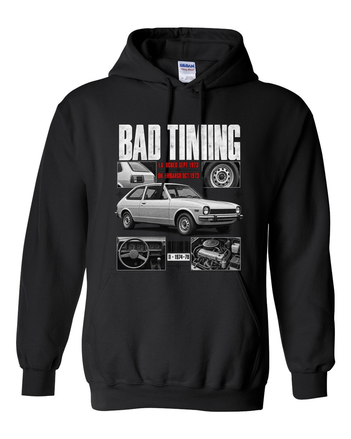 Dossier panel illustration of a 1974 Ford Mustang II chback with bad timing lettering black pull over hoodie front view with the design