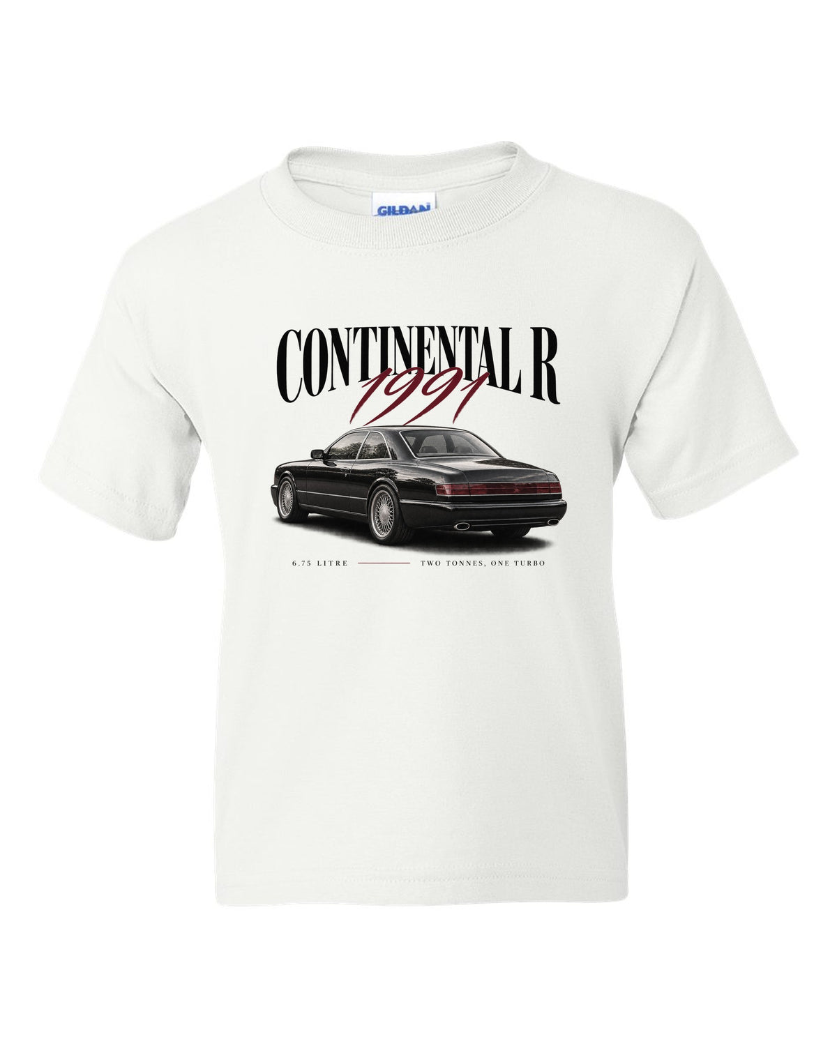 Bentley Continental R editorial headline print white kids tee front view with the design