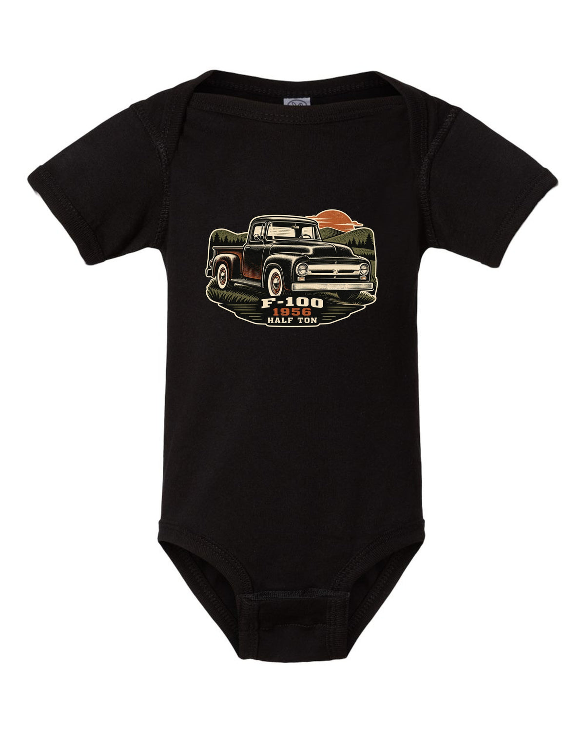 Dusk linocut print of a 1956 Ford F-100 pickup with Half Ton lettering black baby onesie front view with the design