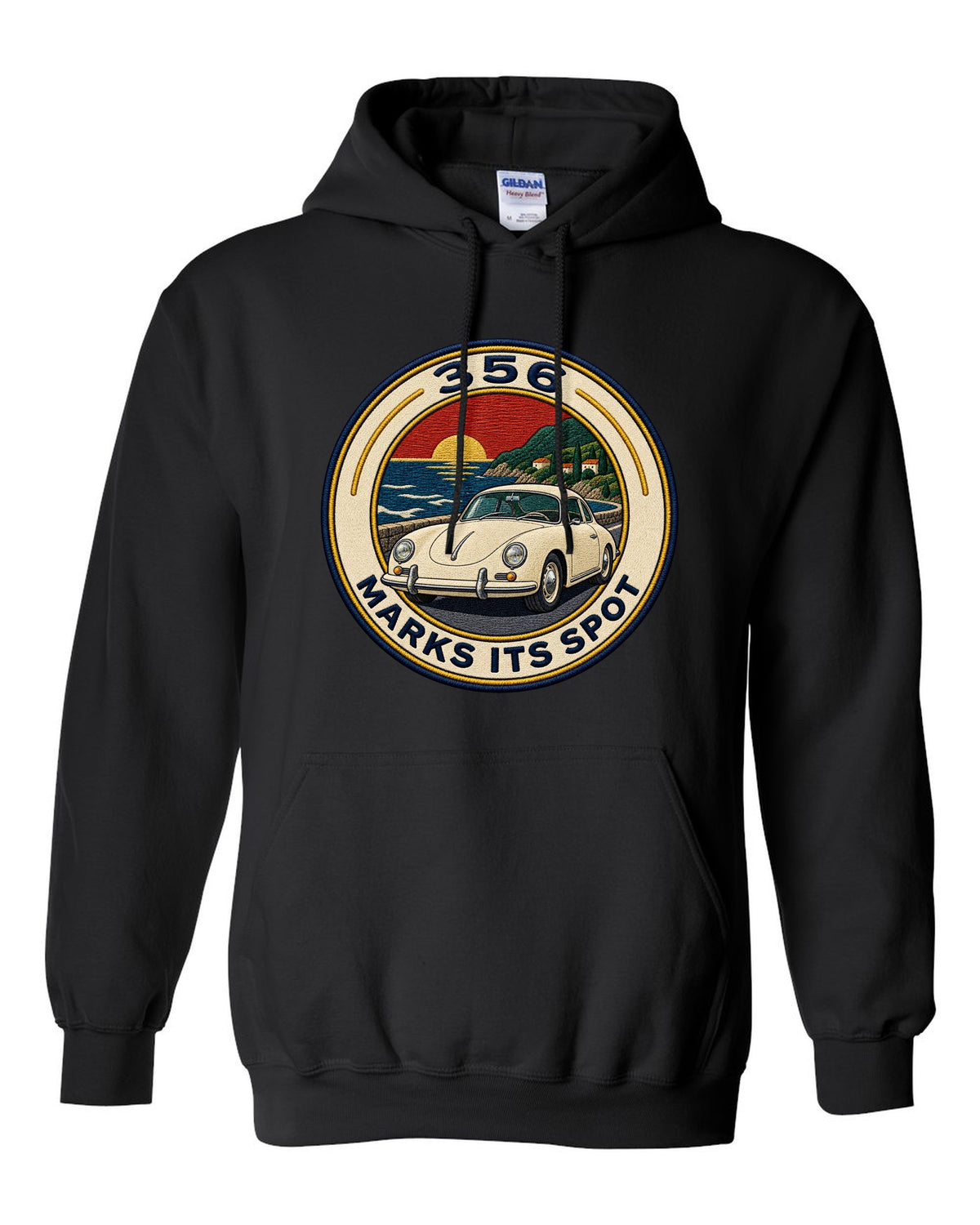 Round varsity crest style illustration of a Porsche 356 A black pull over hoodie front view with the design