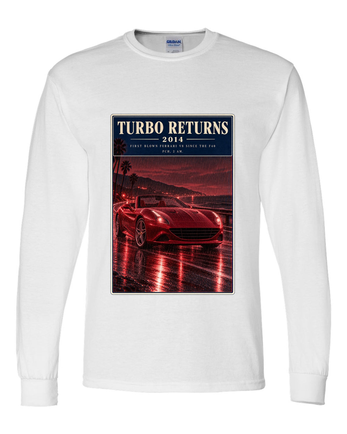 Red monochrome night street print of the Ferrari California T white long sleeve front view with the design