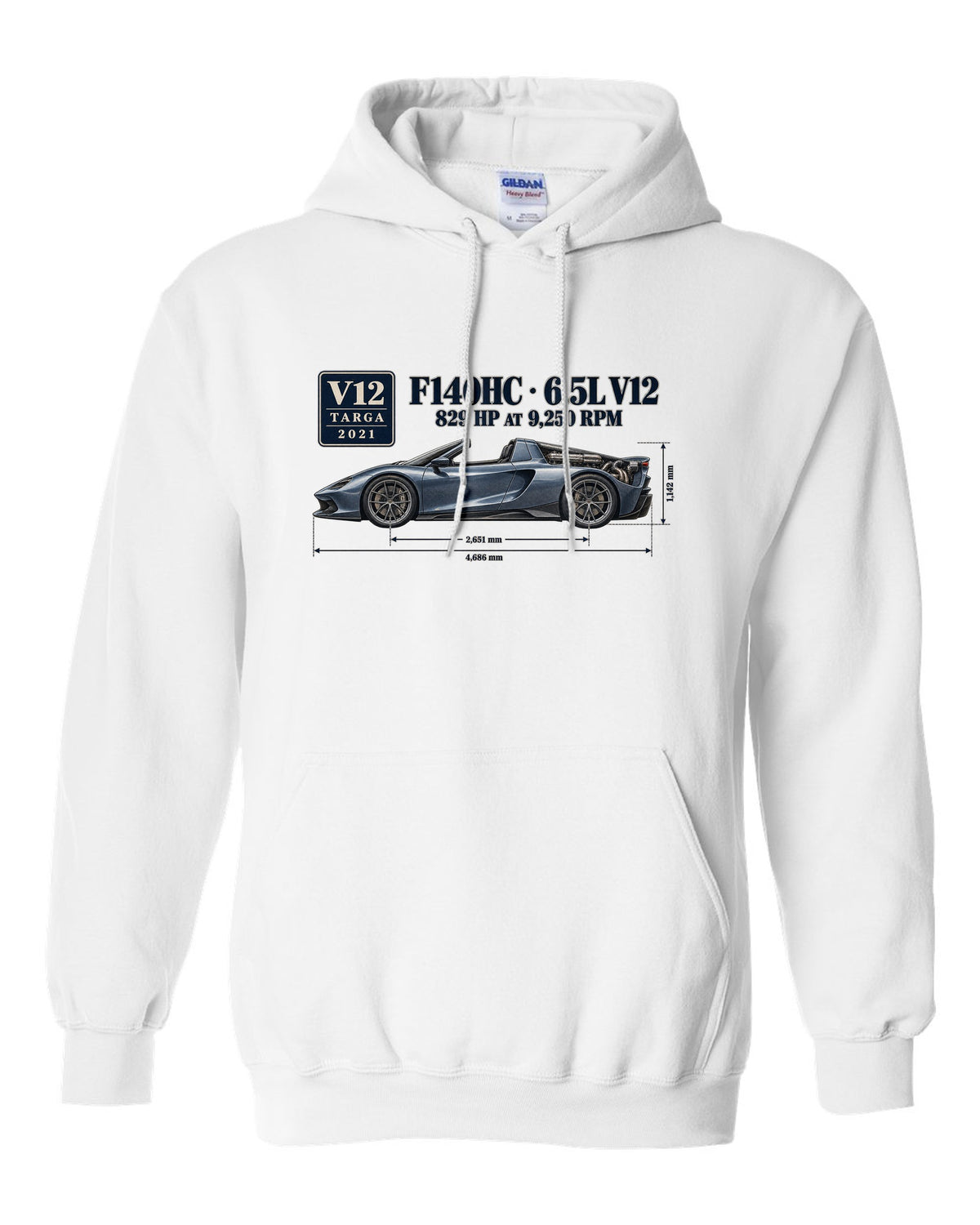 Ferrari Daytona SP3 dimension blueprint print with F140HC 6.5L V12 white pull over hoodie front view with the design