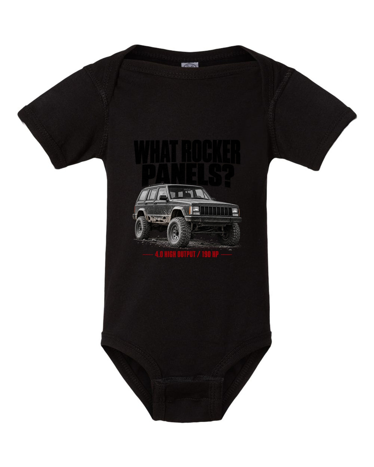 Jeep Cherokee XJ halftone print with 4.0 High Output 190 HP text black baby onesie front view with the design