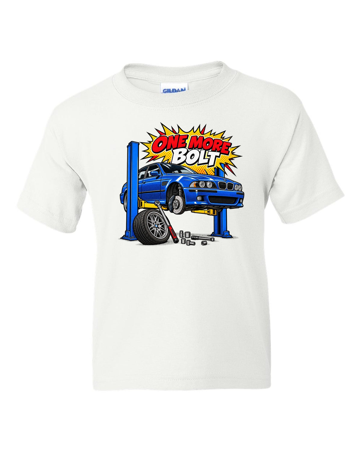 Ukiyo-e woodblock wave print of a BMW M5 E39 with S62 4.9 V8 text white kids tee front view with the design