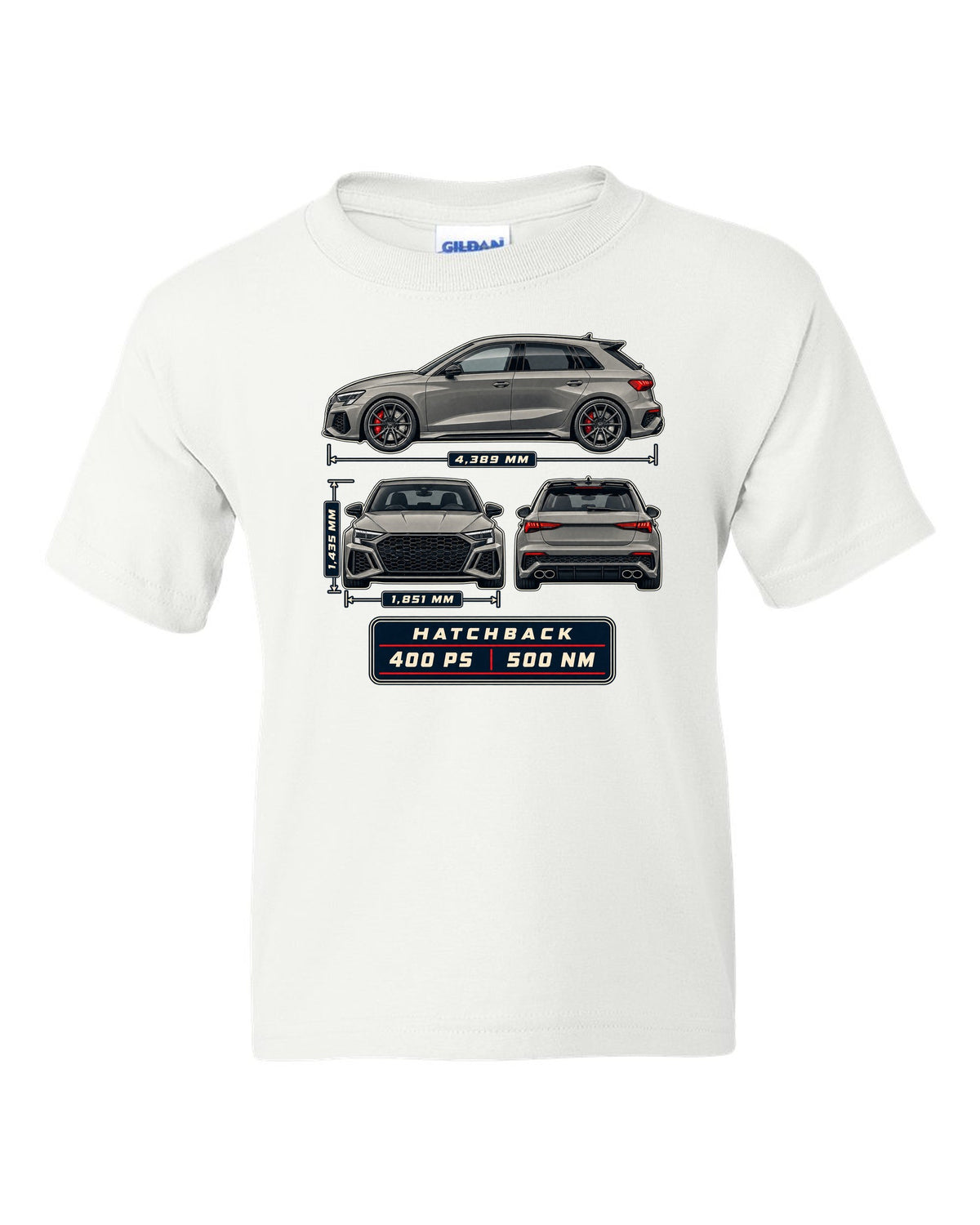 Three-view drawing and spec table of the Audi RS3 8Y Sportback white kids tee front view with the design