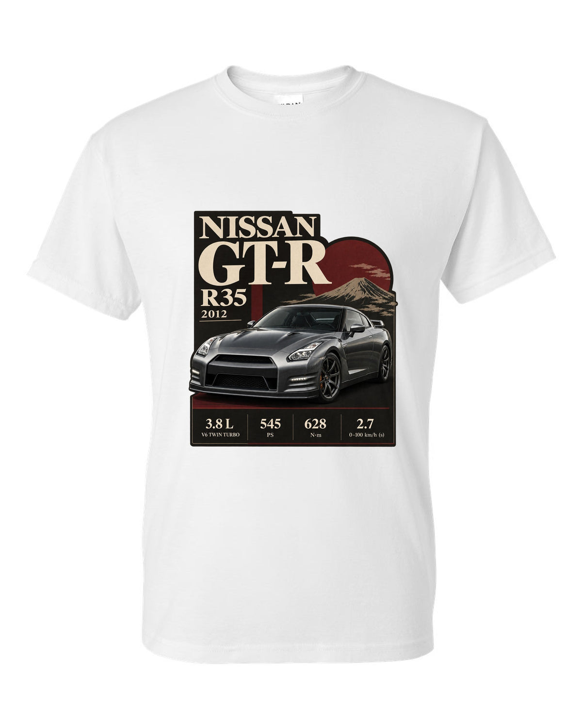Nissan GT-R R35 2013 Track Edition in dossier panel layout white t-shirt front view with the design