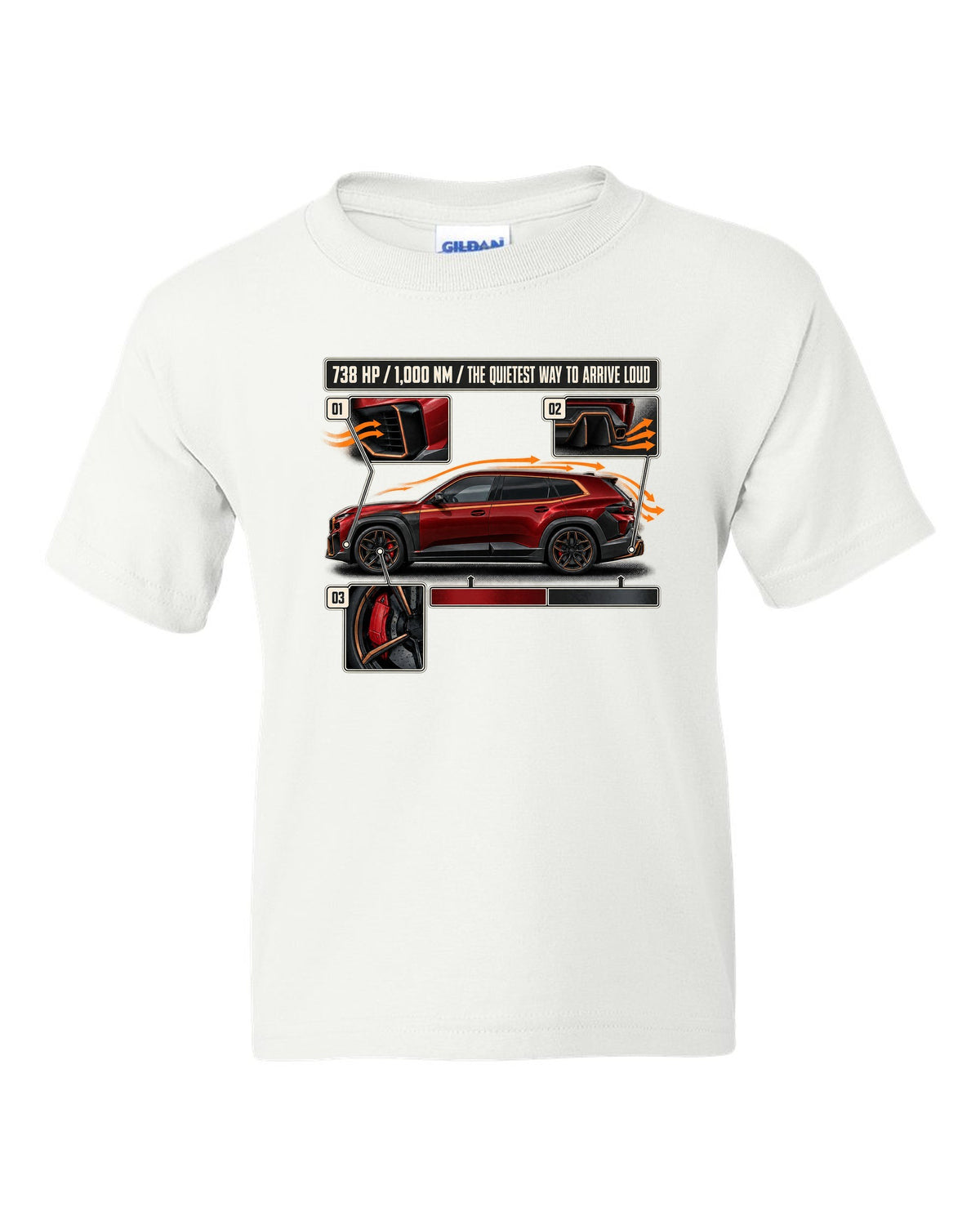 BMW XM Label Red aero cutaway callouts print on a tee white kids tee front view with the design