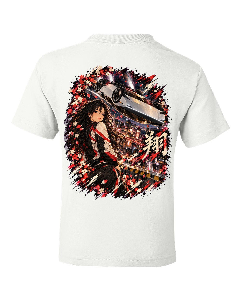 Tesla Roadster Flip Anime Girl Kids Tee White back