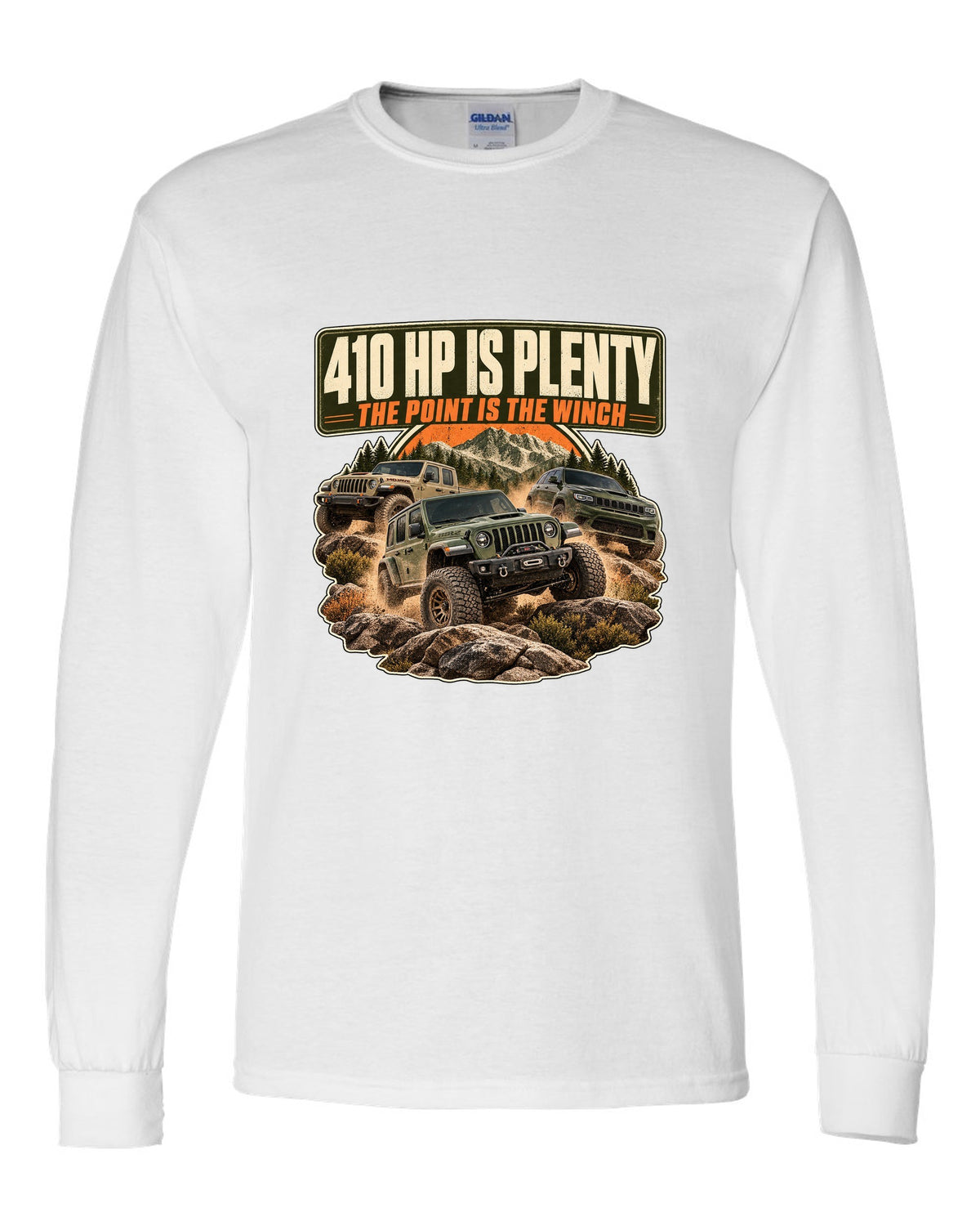 Editorial headline print for the Ram 2500 Power Wagon 6.4L V8 about horsepower and the winch white long sleeve front view with the design