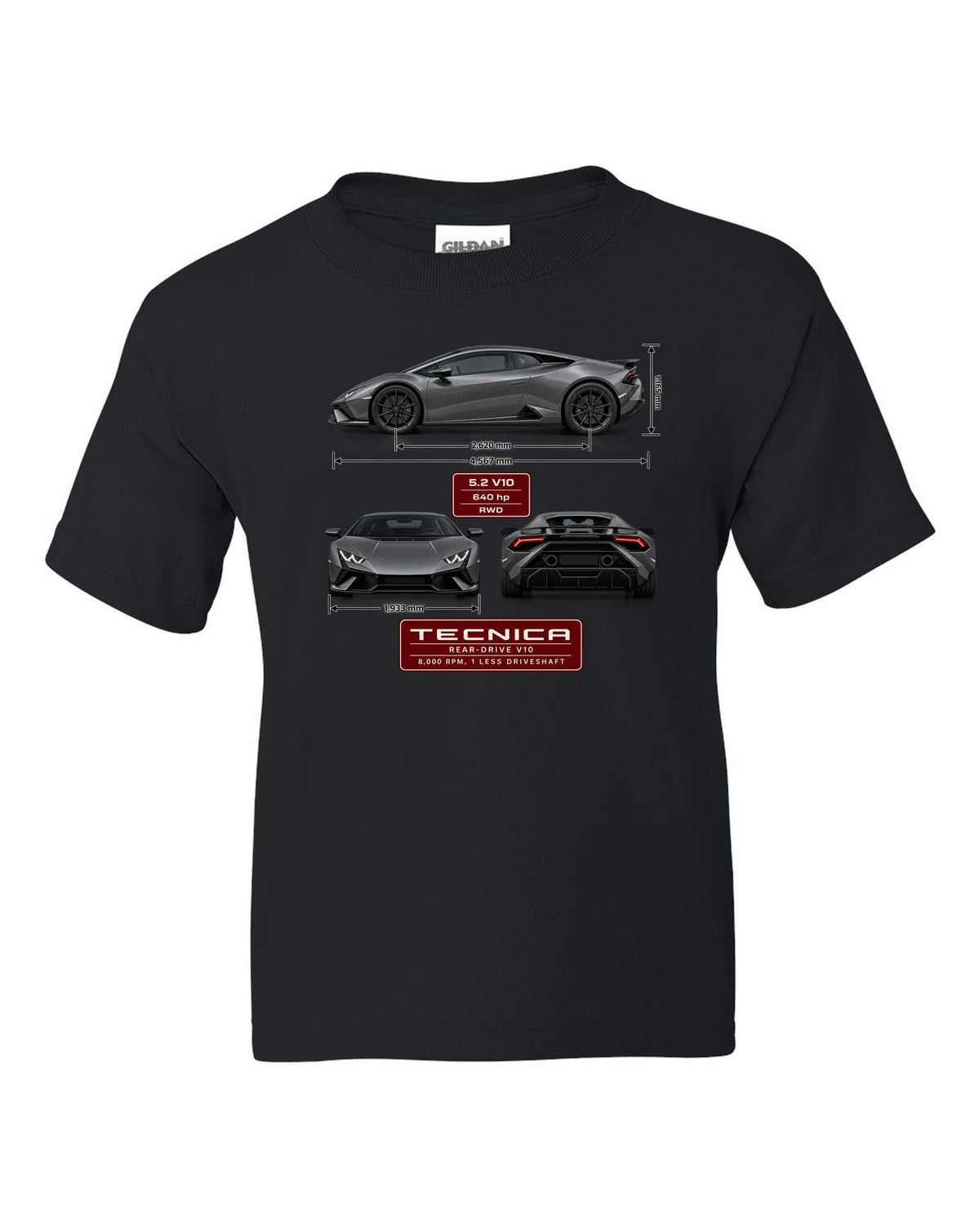 Three-view spec table print of the Lamborghini Huracan Tecnica black kids tee front view with the design
