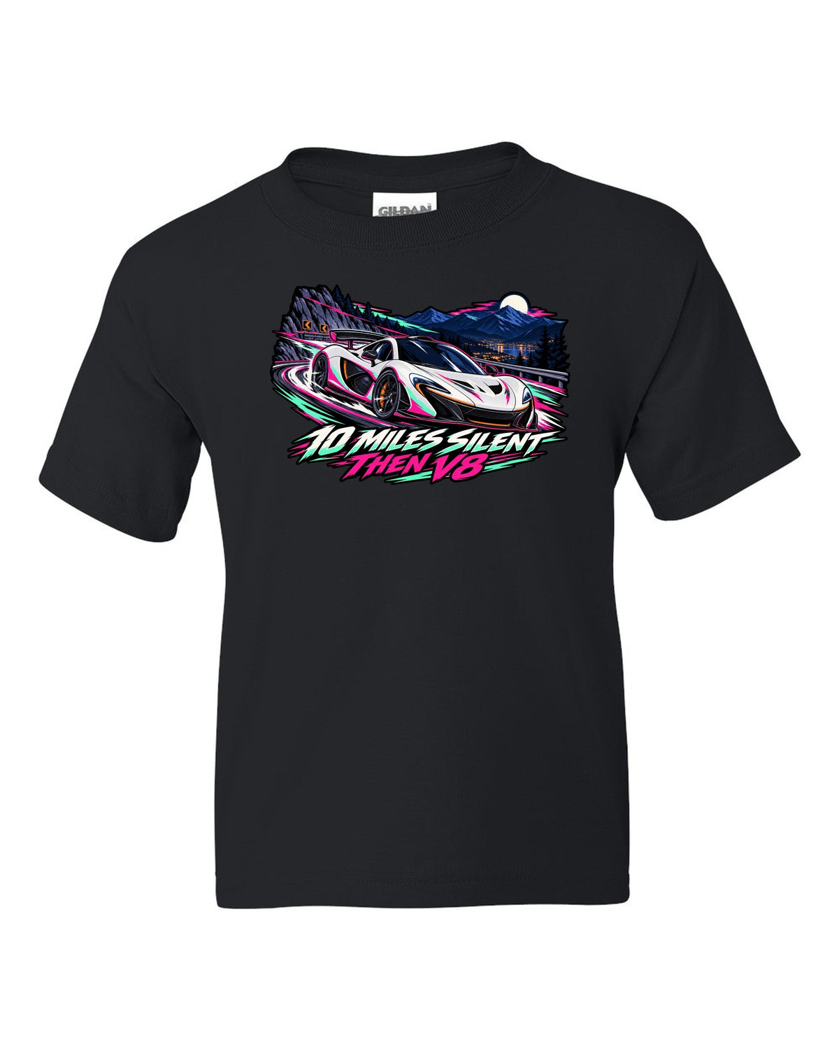 Cel-shaded anime night touge print of a McLaren P1 with 10 Miles Silent Then V8 lettering black kids tee front view with the design