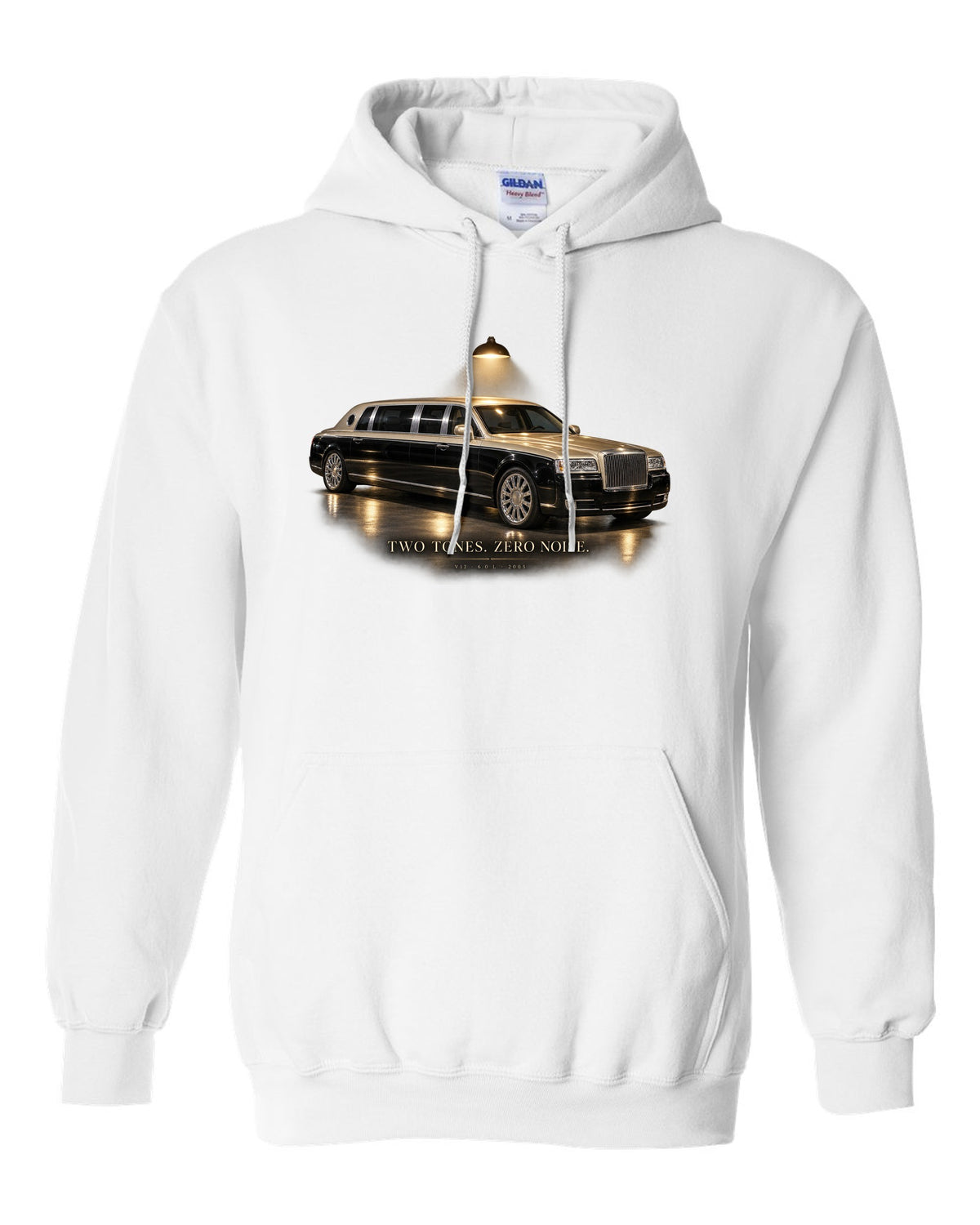 Garage night print of a Maybach 57 S W240 with Two Tones Zero Noise lettering white pull over hoodie front view with the design