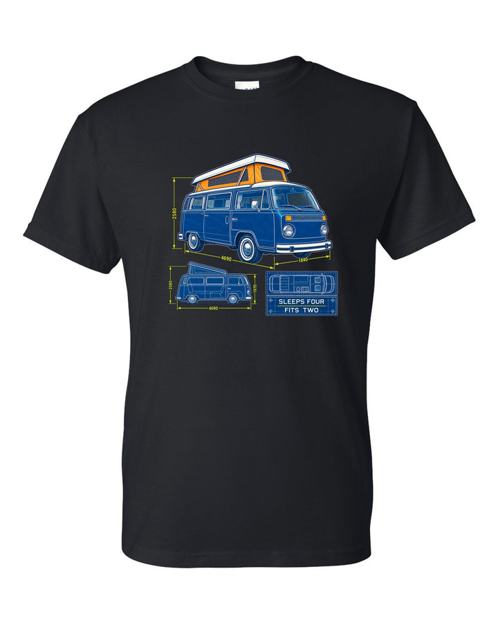 Cyanotype negative blueprint of a VW Bay Window T2 camper with sleeps four fits two text black t-shirt front view with the design