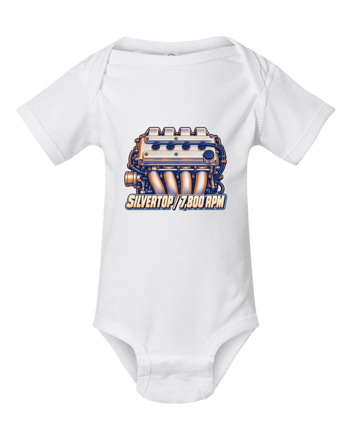 Two-colour risograph macro of the silvertop engine in the Toyota Corolla AE101 white baby onesie front view with the design