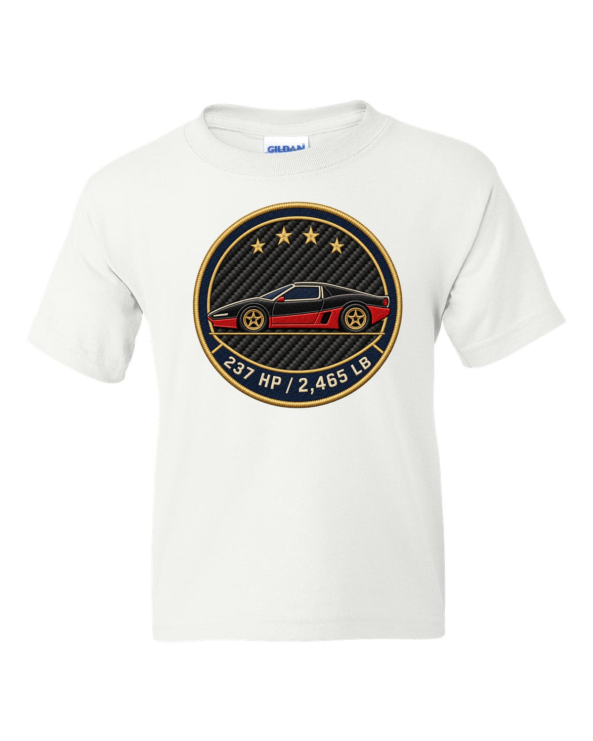 Embroidery style round crest for an Alfa Romeo 4C showing 237 HP and 2,465 LB white kids tee front view with the design