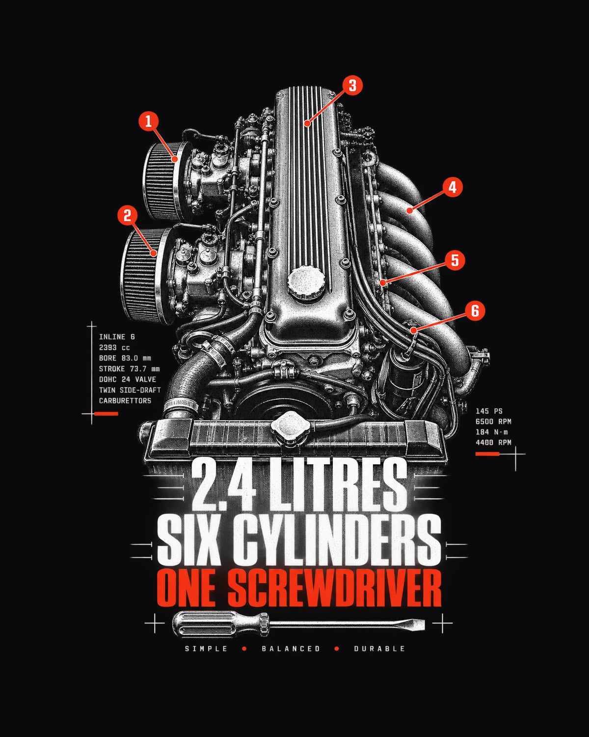 Datsun 240Z L24 Engine Bay Shirt, Six Cylinders One Screwdriver design only